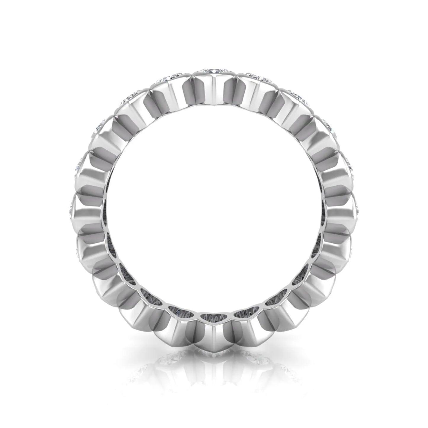 Heart cut lab grown diamond eternity band featuring 3.20 carats of heart-shaped diamonds in a shared-prong setting with a polished white gold finish.