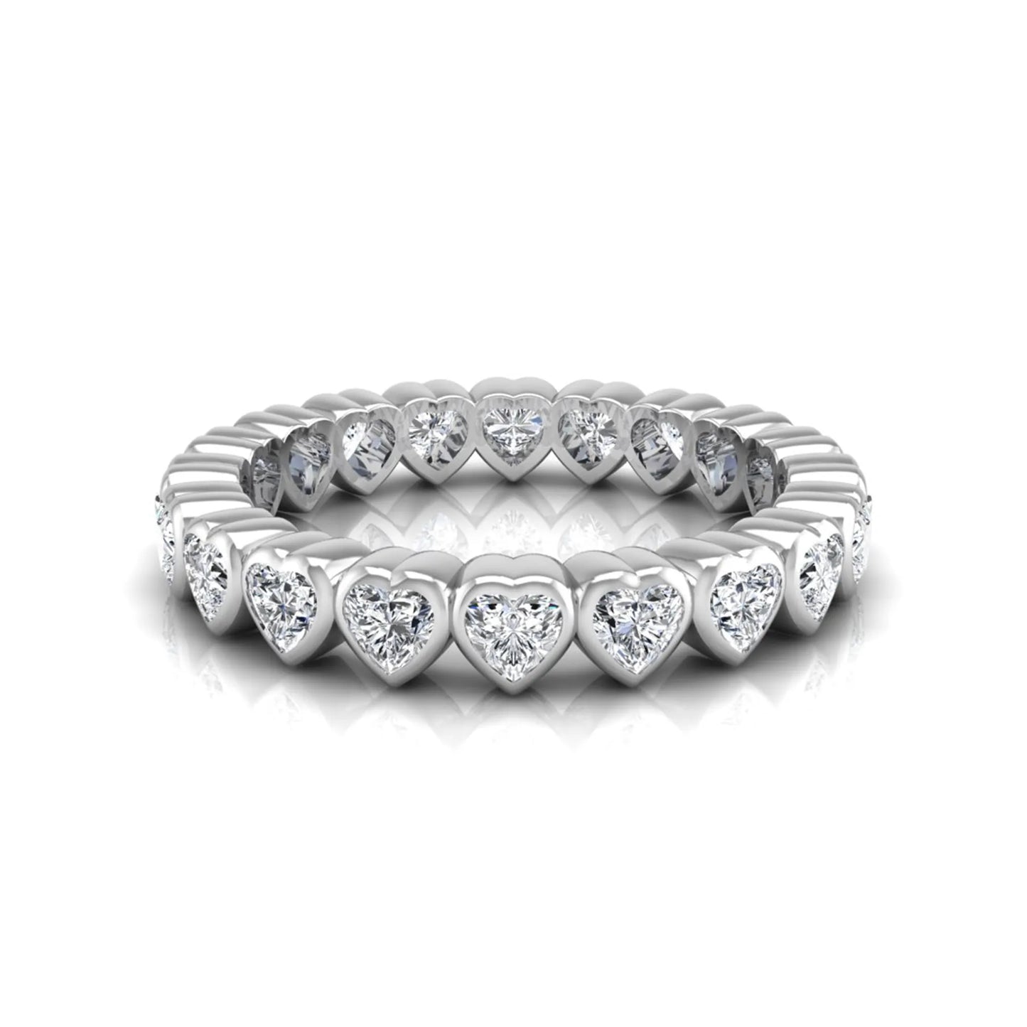 Heart cut lab grown diamond eternity band featuring 3.20 carats of heart-shaped diamonds in a shared-prong setting with a polished white gold finish.