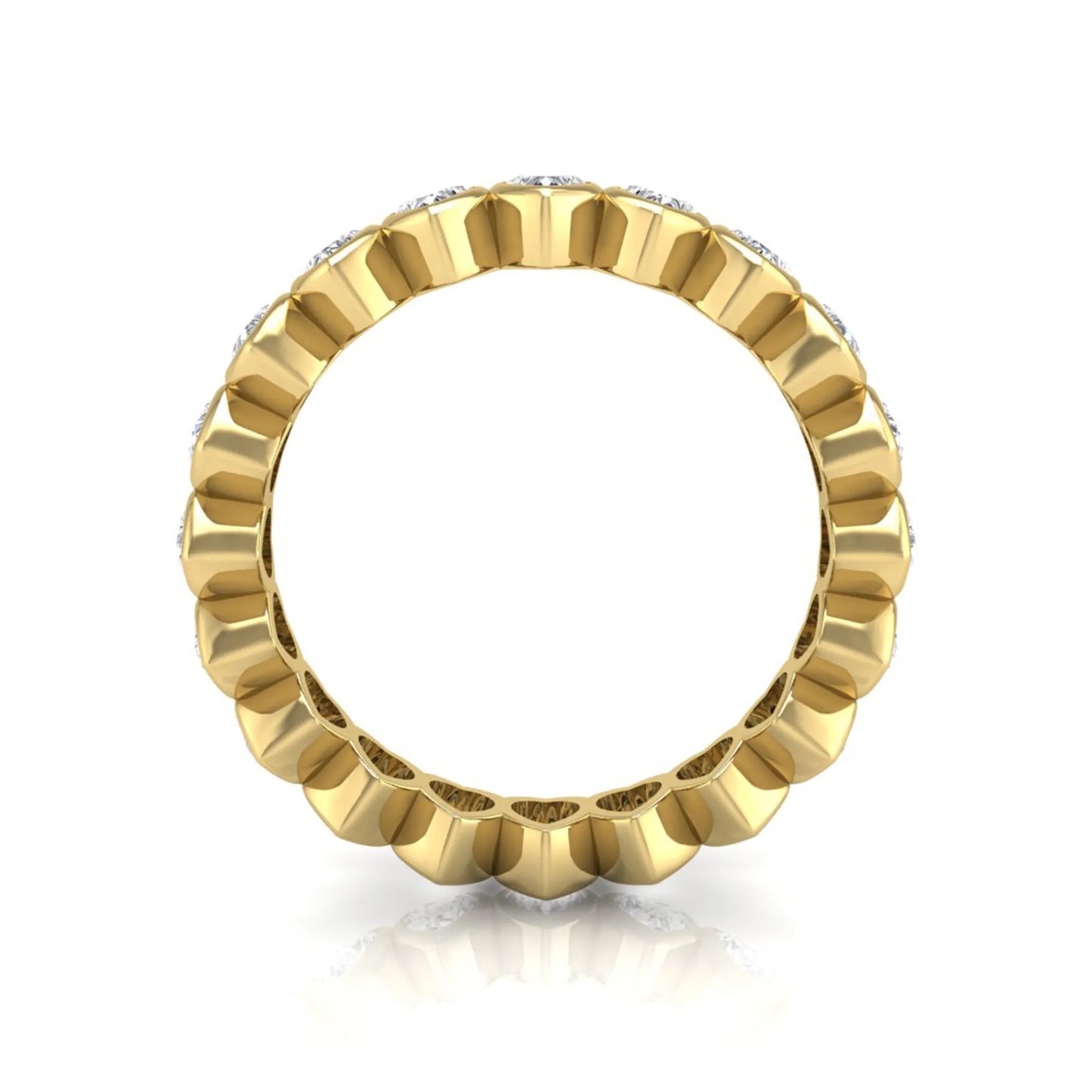 Heart cut lab grown diamond eternity band featuring 3.20 carats of heart-shaped diamonds in a shared-prong setting with a polished yellow gold finish.