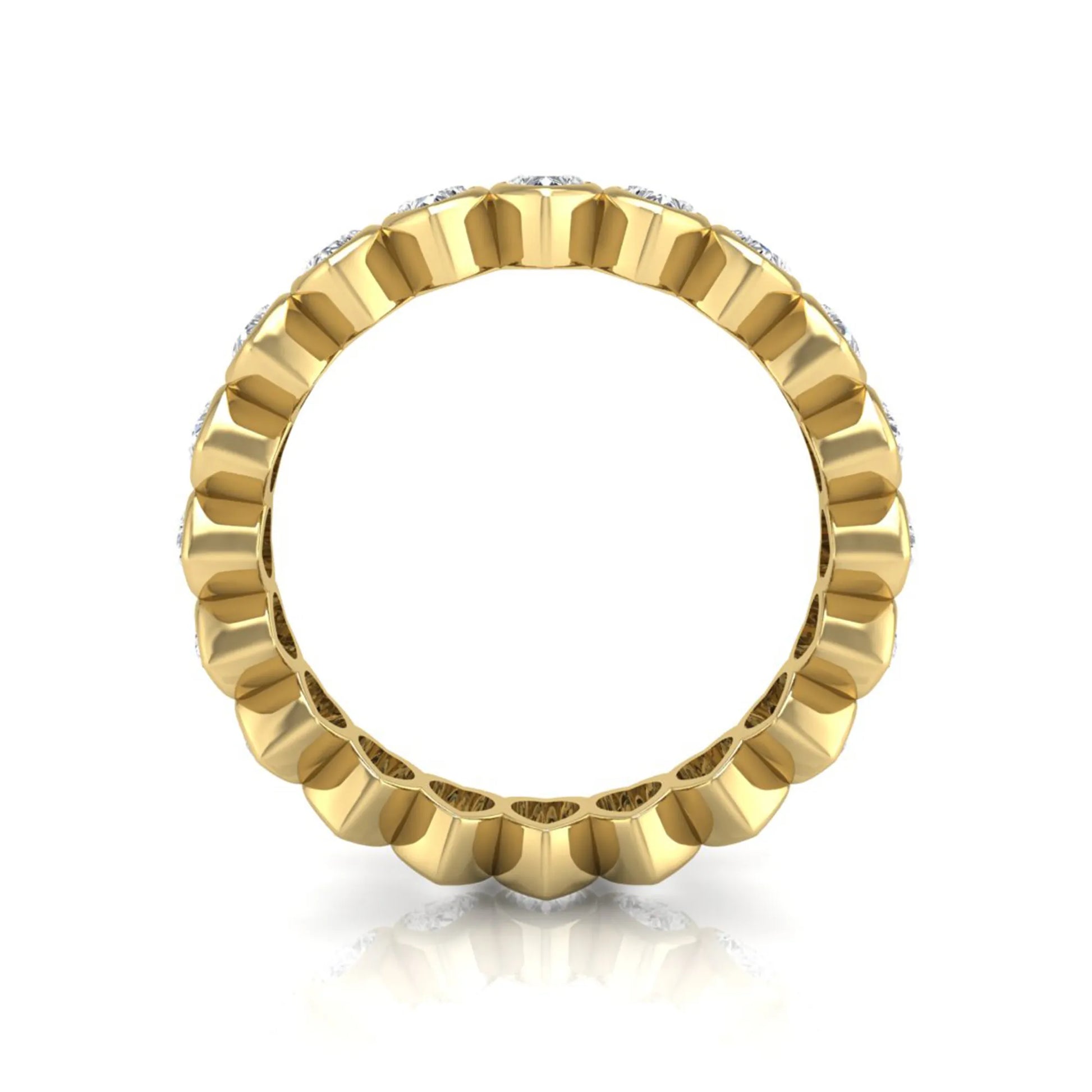 Heart cut lab grown diamond eternity band featuring 3.20 carats of heart-shaped diamonds in a shared-prong setting with a polished yellow gold finish.