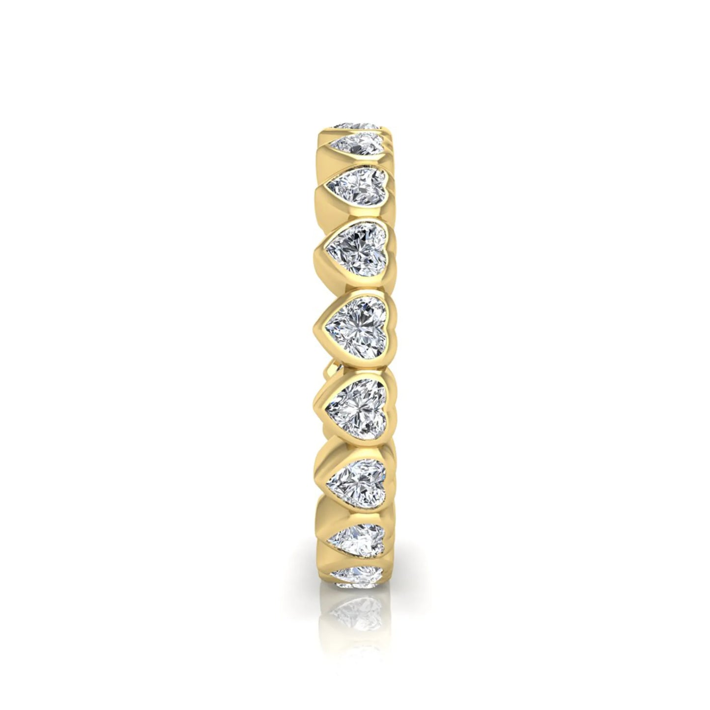 Heart cut lab grown diamond eternity band featuring 3.20 carats of heart-shaped diamonds in a shared-prong setting with a polished yellow gold finish.