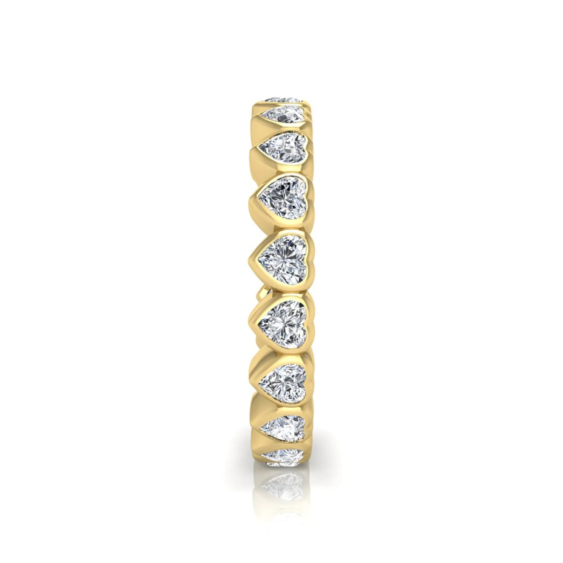 Heart cut lab grown diamond eternity band featuring 3.20 carats of heart-shaped diamonds in a shared-prong setting with a polished yellow gold finish.