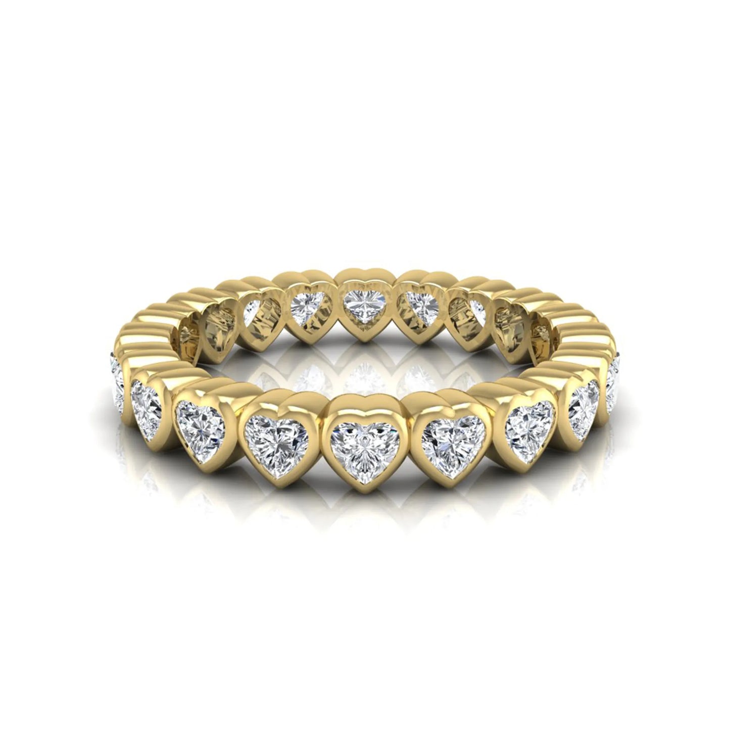 Heart cut lab grown diamond eternity band featuring 3.20 carats of heart-shaped diamonds in a shared-prong setting with a polished yellow gold finish.