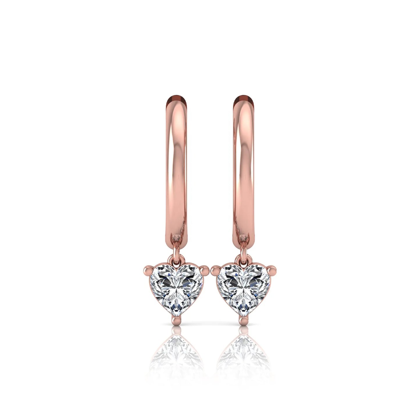 Heart cut lab grown diamond drop huggie hoop earrings featuring a three prong drop setting, hinged snap closure, and polished rose gold tone finish.