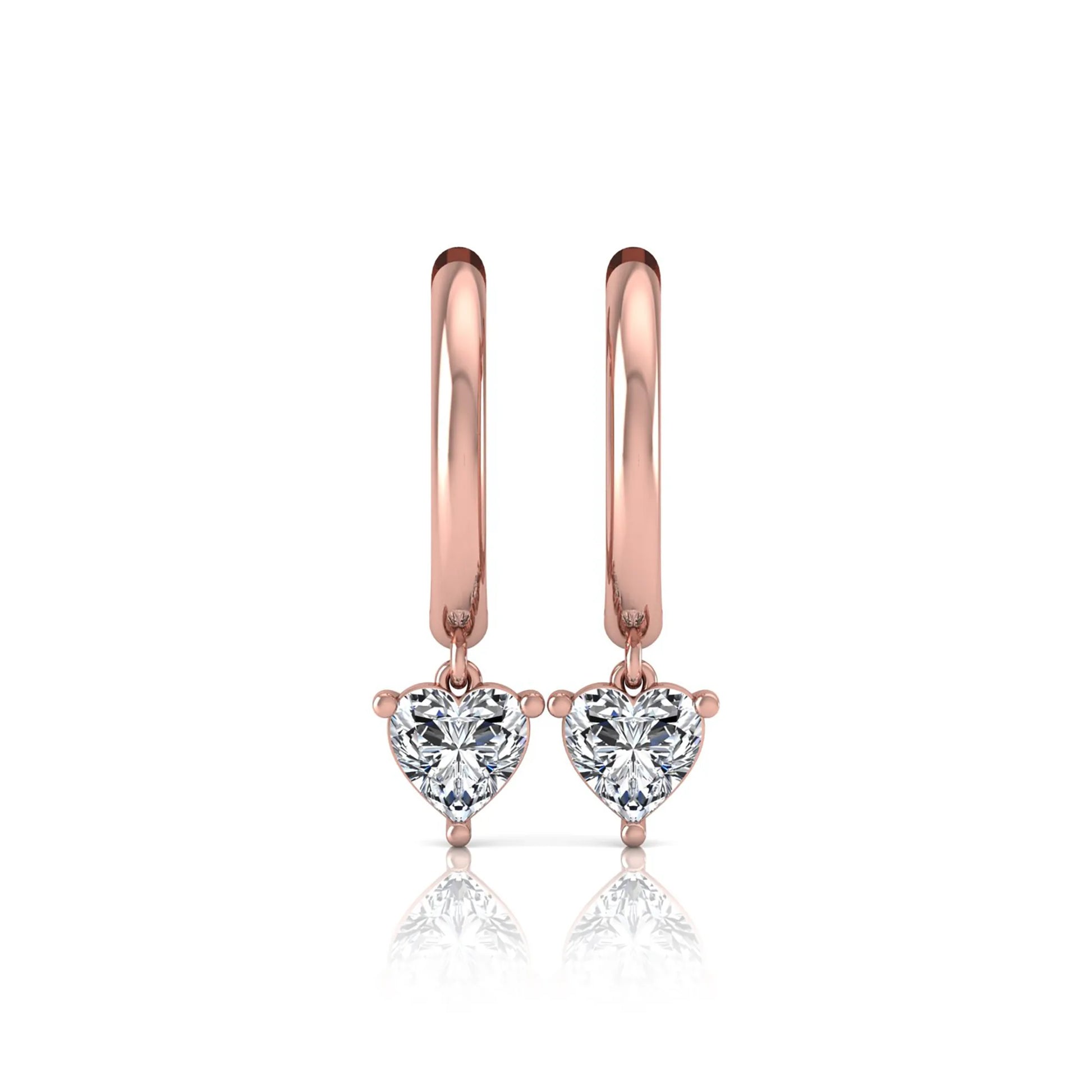 Heart cut lab grown diamond drop huggie hoop earrings featuring a three prong drop setting, hinged snap closure, and polished rose gold tone finish.