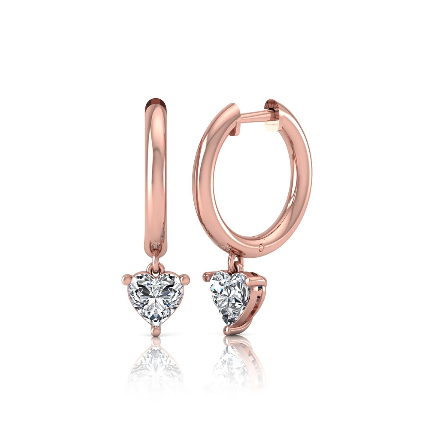 Heart cut lab grown diamond drop huggie hoop earrings featuring a three prong drop setting, hinged snap closure, and polished rose gold tone finish.