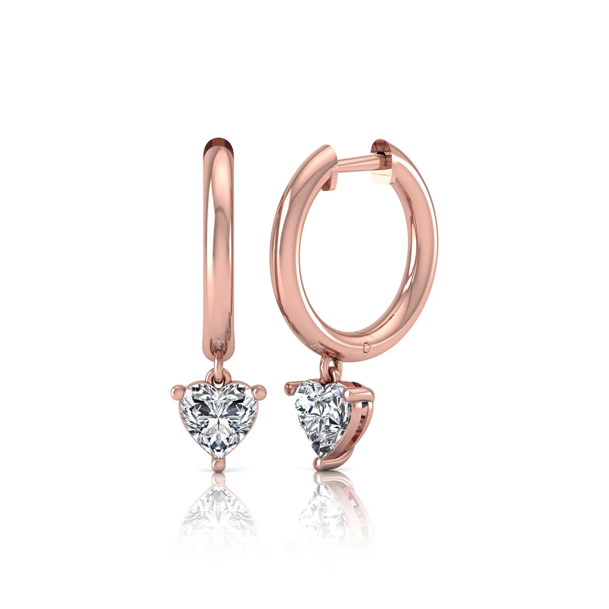Heart cut lab grown diamond drop huggie hoop earrings featuring a three prong drop setting, hinged snap closure, and polished rose gold tone finish.