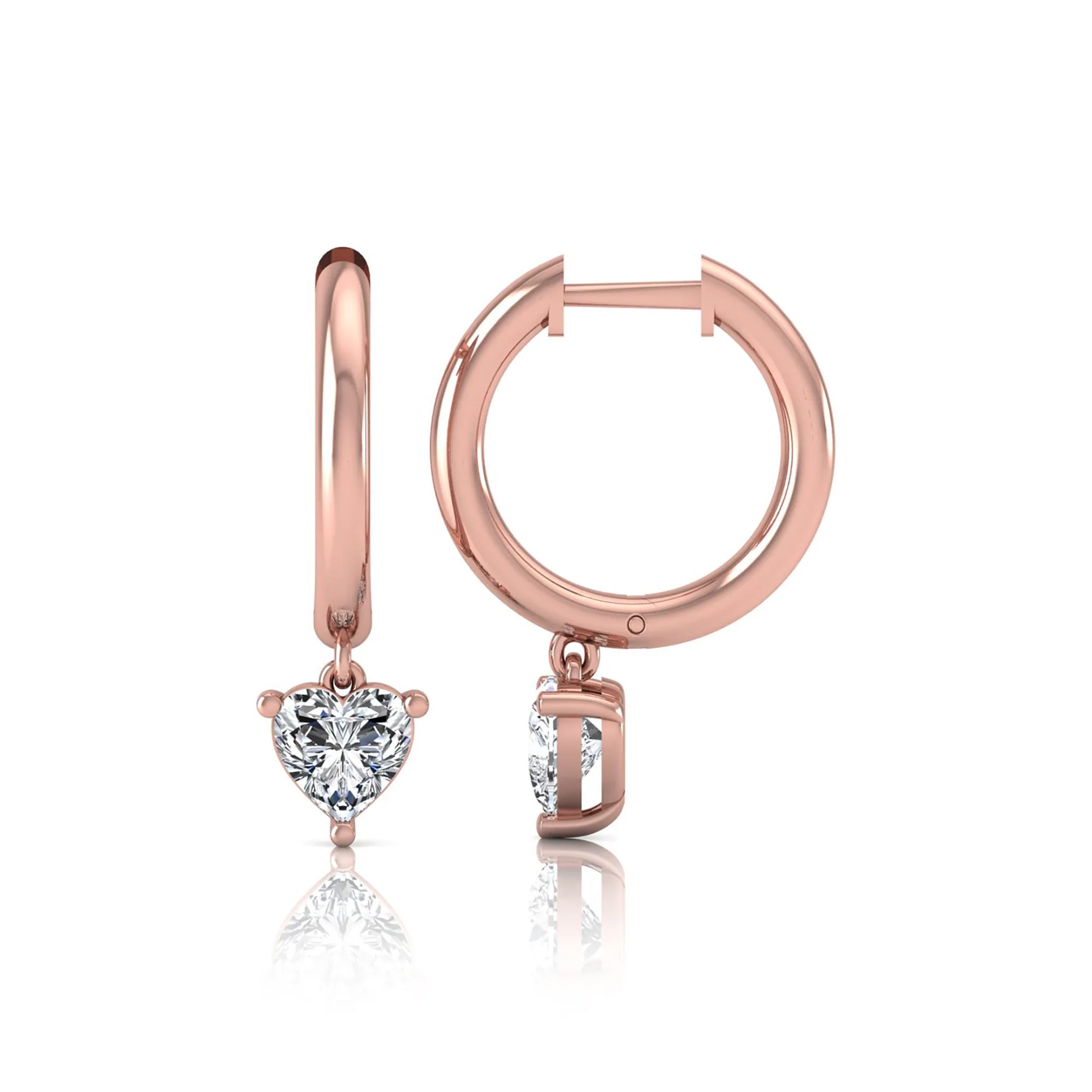 Heart cut lab grown diamond drop huggie hoop earrings featuring a three prong drop setting, hinged snap closure, and polished rose gold tone finish.