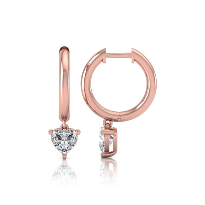 Heart cut lab grown diamond drop huggie hoop earrings featuring a three prong drop setting, hinged snap closure, and polished rose gold tone finish.