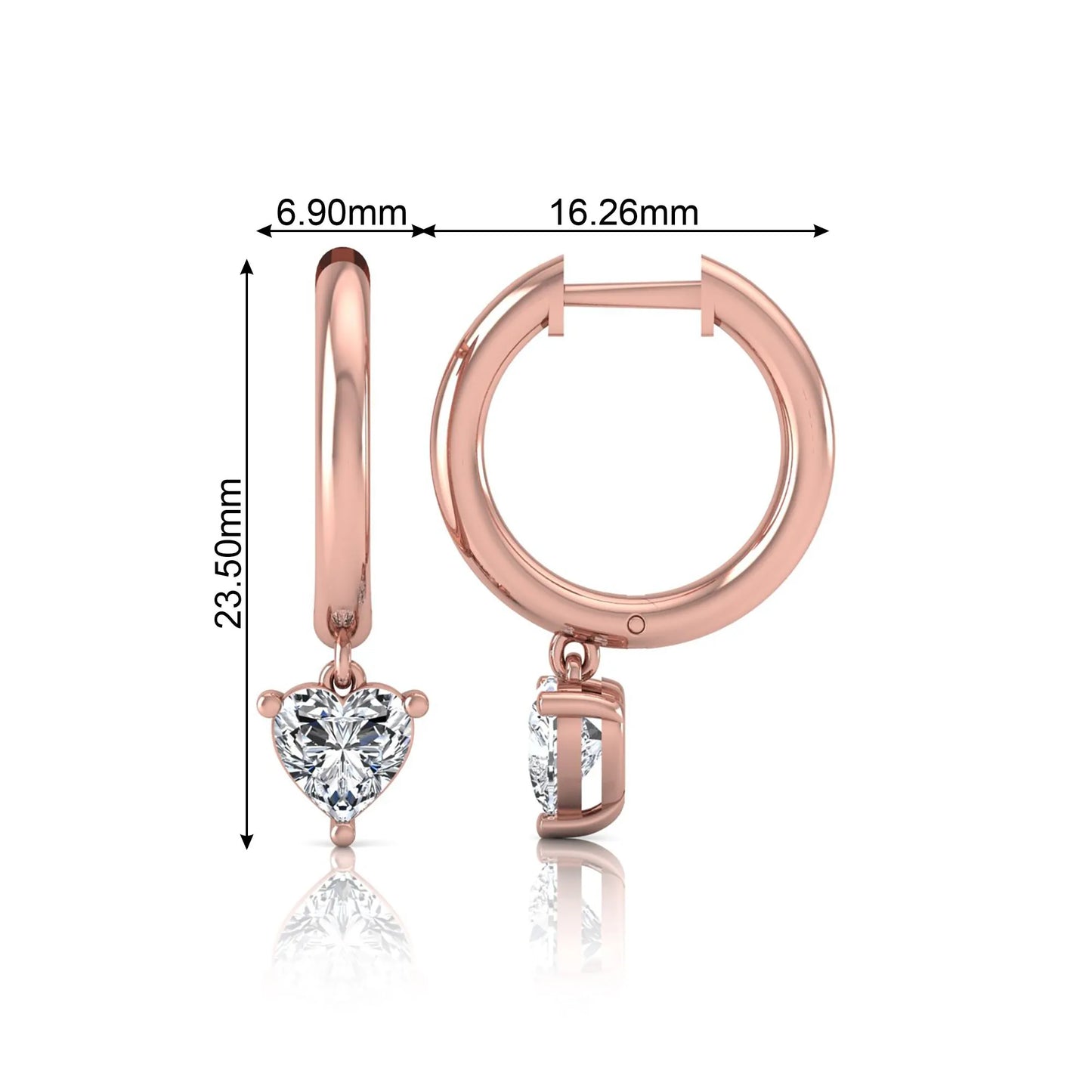 Heart cut lab grown diamond drop huggie hoop earrings featuring a three prong drop setting, hinged snap closure, and polished rose gold tone finish.