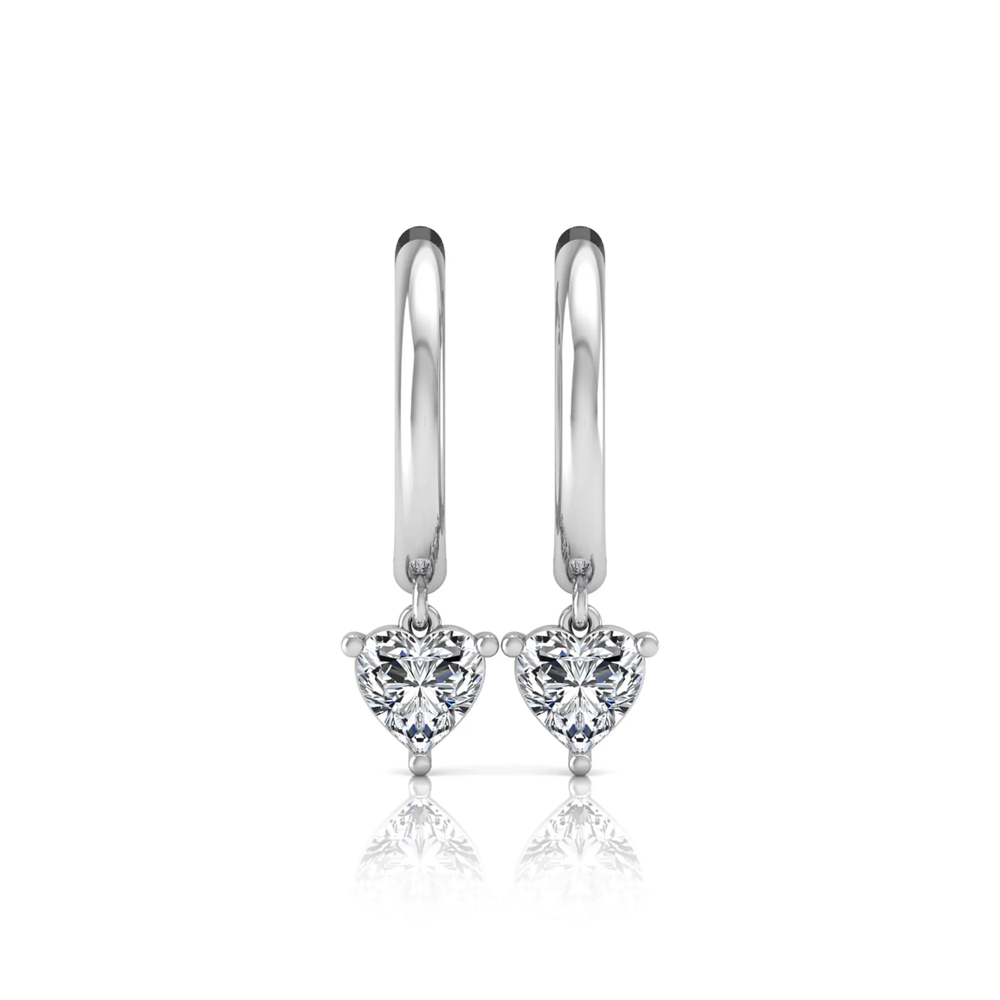 Heart cut lab grown diamond drop huggie hoop earrings featuring a three prong drop setting, hinged snap closure, and polished white gold tone finish.