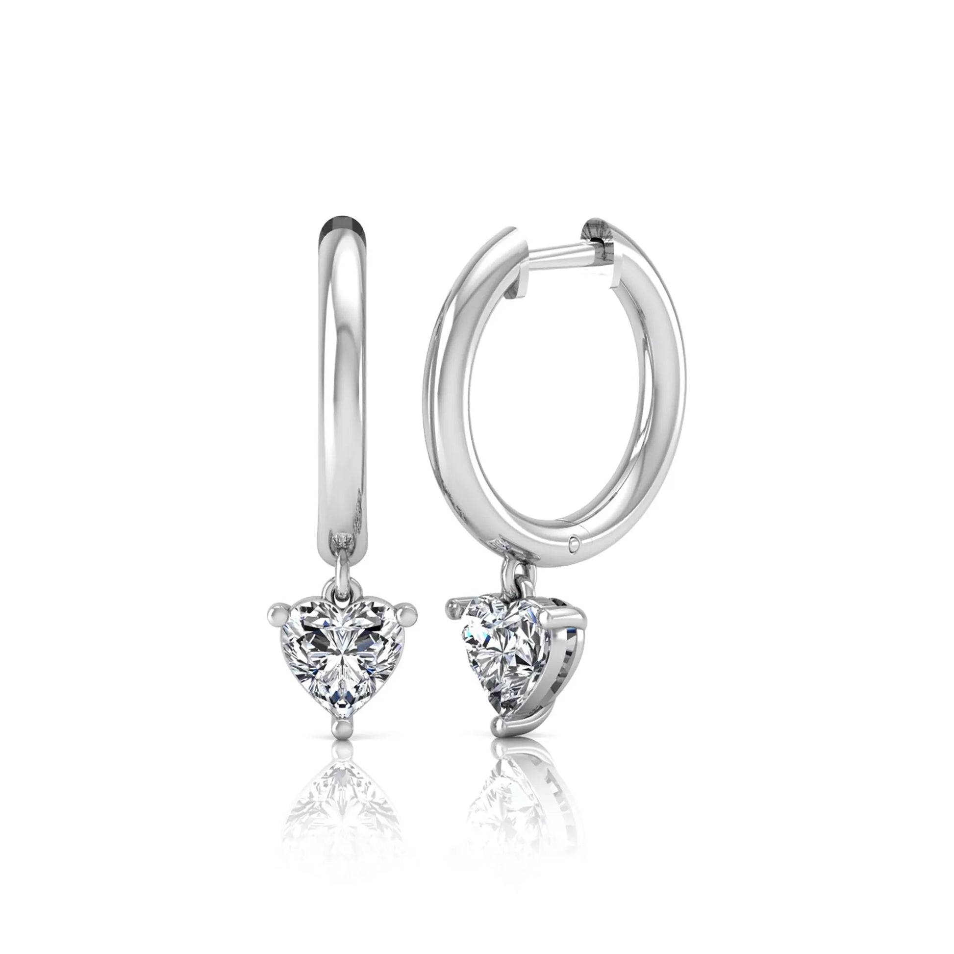 Heart cut lab grown diamond drop huggie hoop earrings featuring a three prong drop setting, hinged snap closure, and polished white gold tone finish.