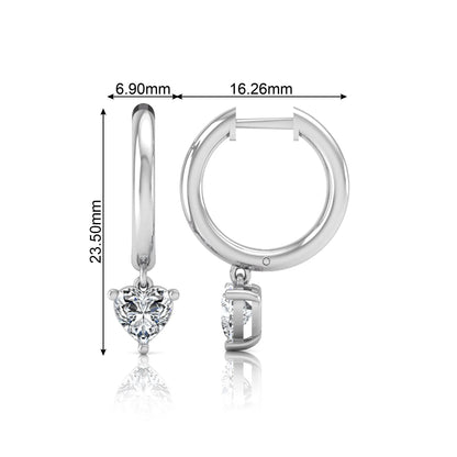 Heart cut lab grown diamond drop huggie hoop earrings featuring a three prong drop setting, hinged snap closure, and polished white gold tone finish.