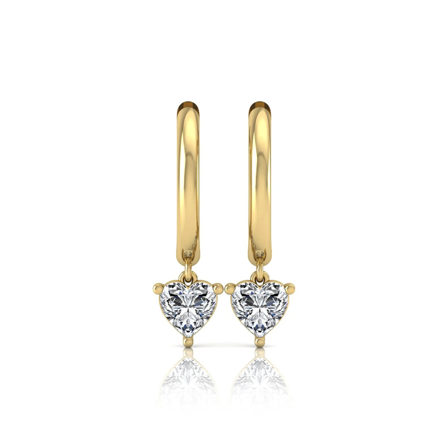 Heart cut lab grown diamond drop huggie hoop earrings featuring a three prong drop setting, hinged snap closure, and polished yellow gold tone finish.
