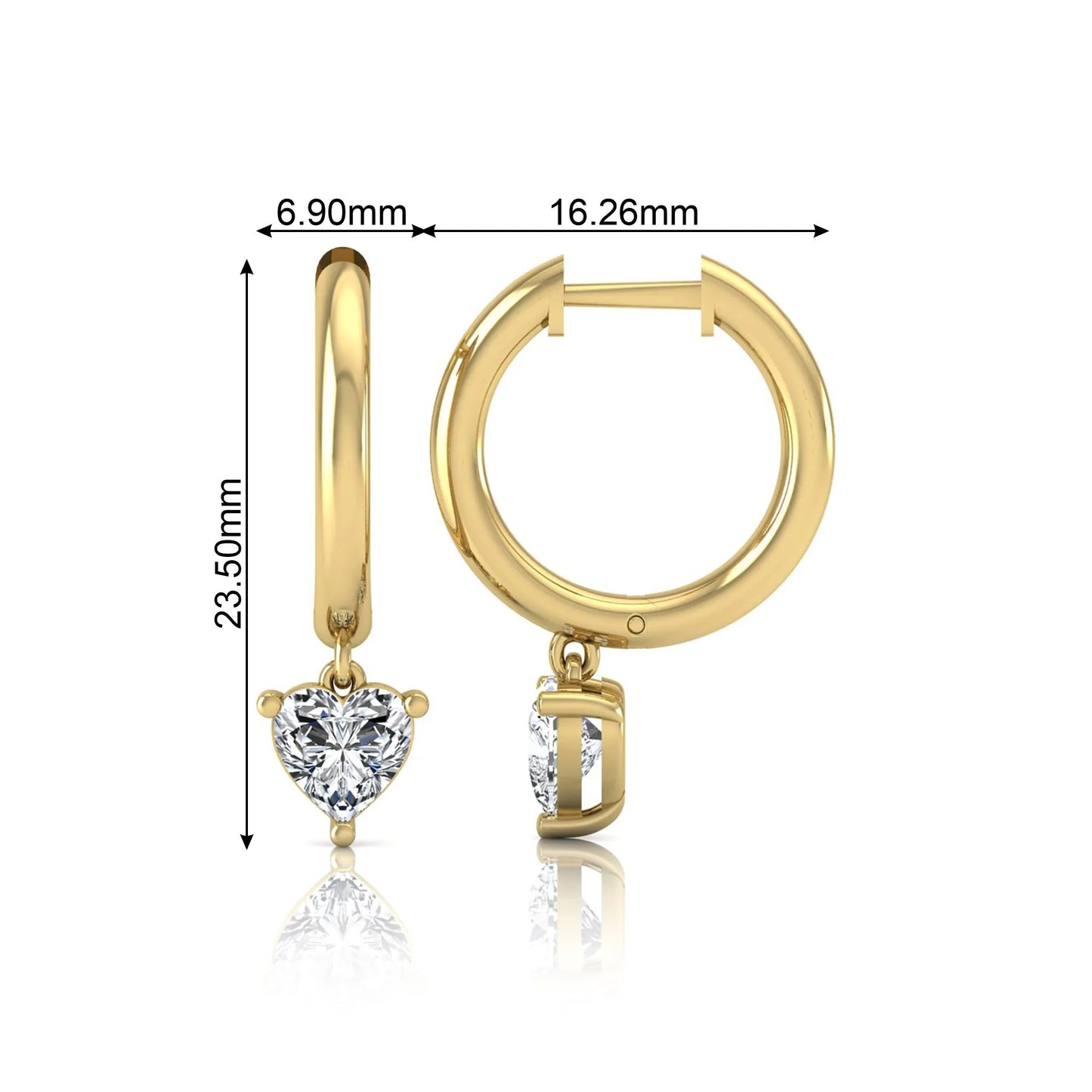 Heart cut lab grown diamond drop huggie hoop earrings featuring a three prong drop setting, hinged snap closure, and polished yellow gold tone finish.