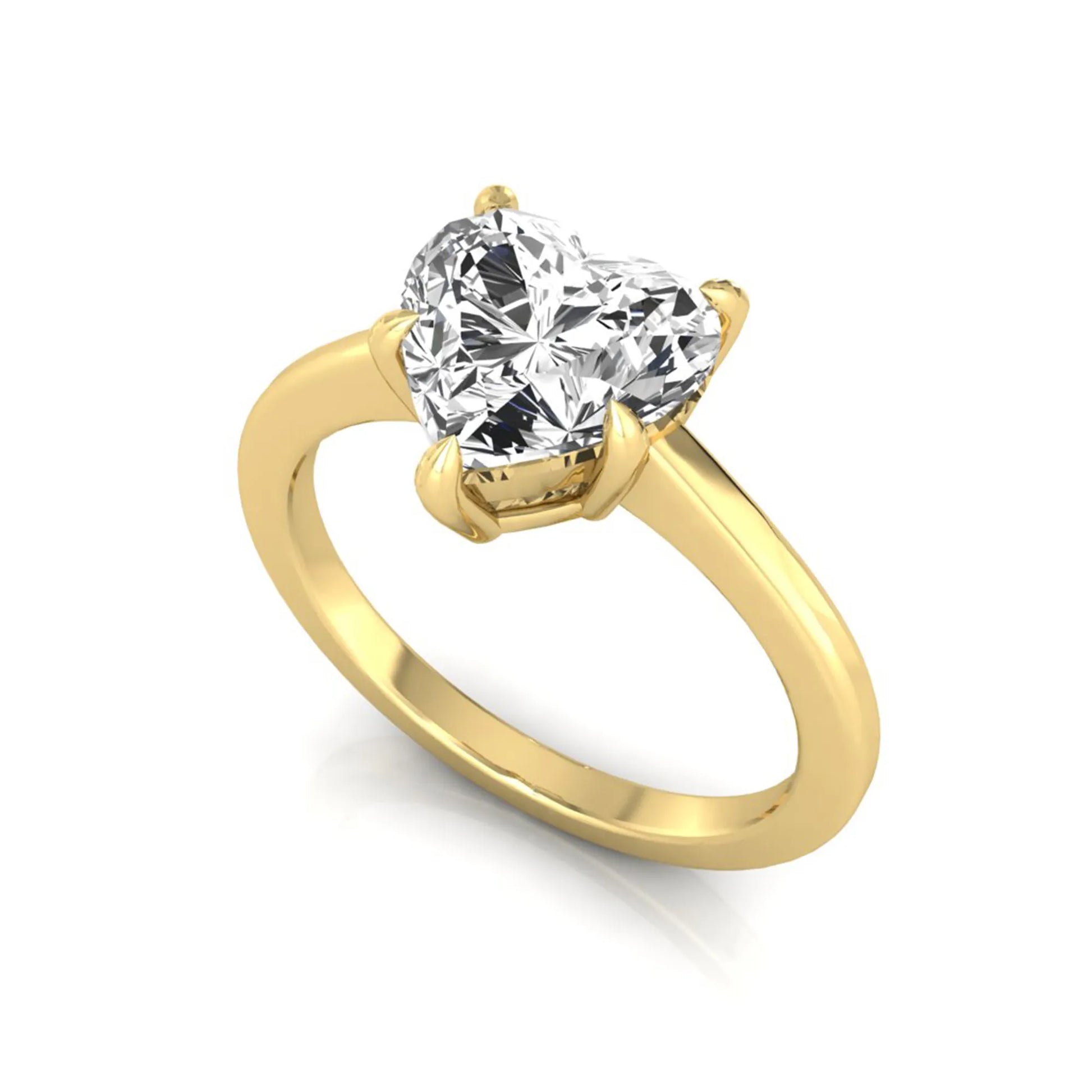 Heart cut lab grown diamond solitaire engagement ring with a five prong setting in a yellow gold tone, featuring an IGI certified 1.71 carat center diamond.