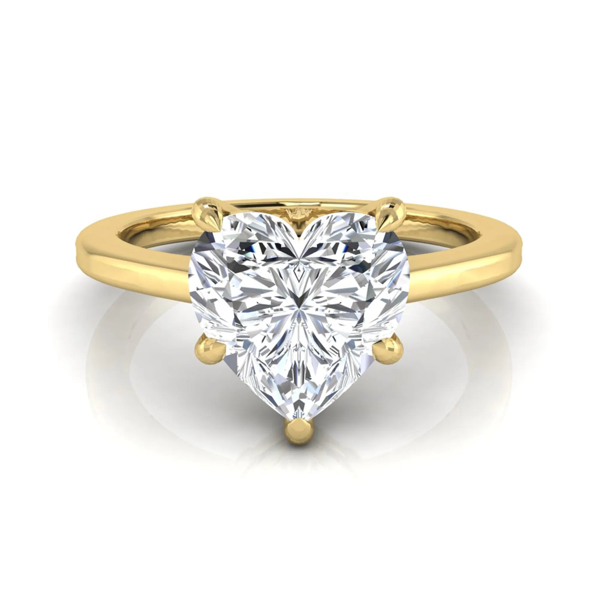 Heart cut lab grown diamond solitaire engagement ring with a five prong setting in a yellow gold tone, featuring an IGI certified 1.71 carat center diamond.