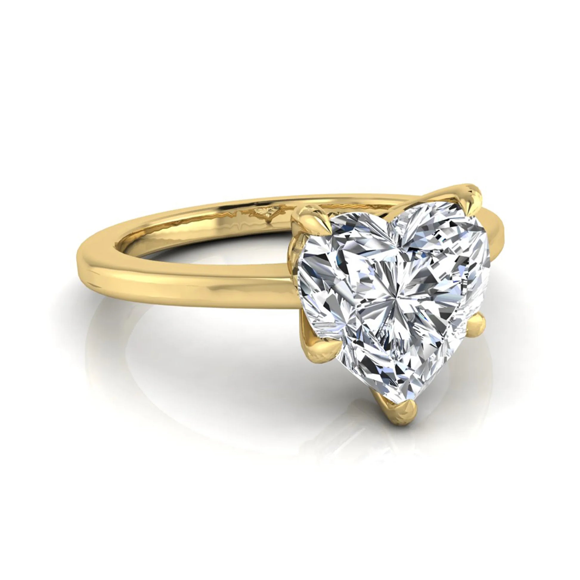 Heart cut lab grown diamond solitaire engagement ring with a five prong setting in a yellow gold tone, featuring an IGI certified 1.71 carat center diamond.