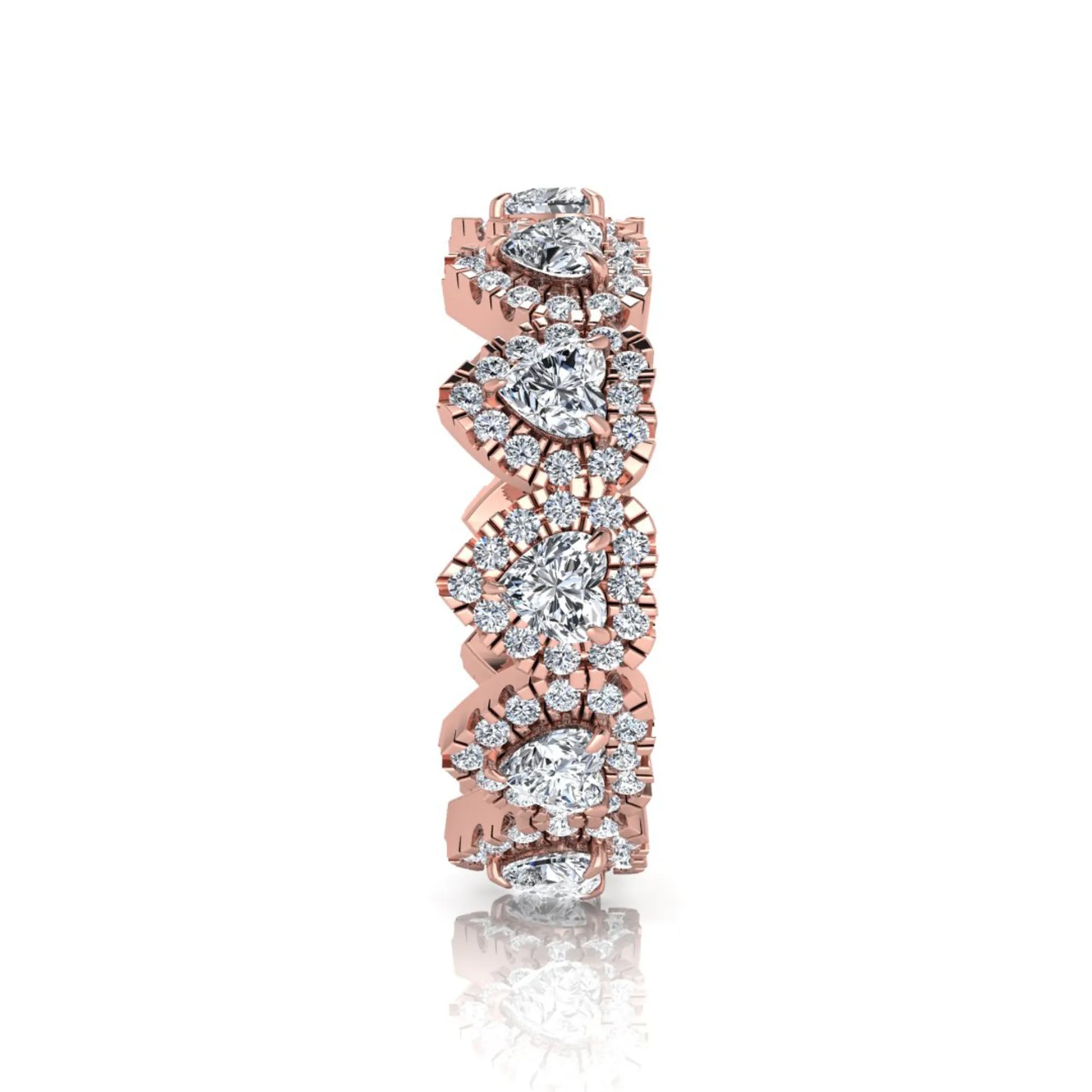 Heart halo lab grown diamond eternity band featuring heart cut diamonds surrounded by round diamond halos in a luxurious full eternity design in rose gold