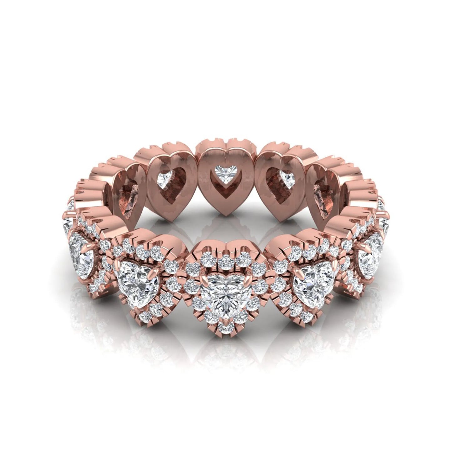 Heart halo lab grown diamond eternity band featuring heart cut diamonds surrounded by round diamond halos in a luxurious full eternity design in rose gold