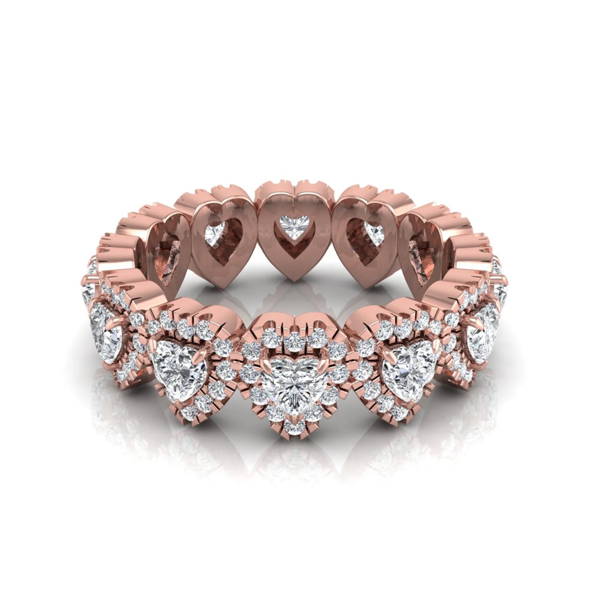 Heart halo lab grown diamond eternity band featuring heart cut diamonds surrounded by round diamond halos in a luxurious full eternity design in rose gold