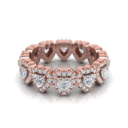 Heart halo lab grown diamond eternity band featuring heart cut diamonds surrounded by round diamond halos in a luxurious full eternity design in rose gold