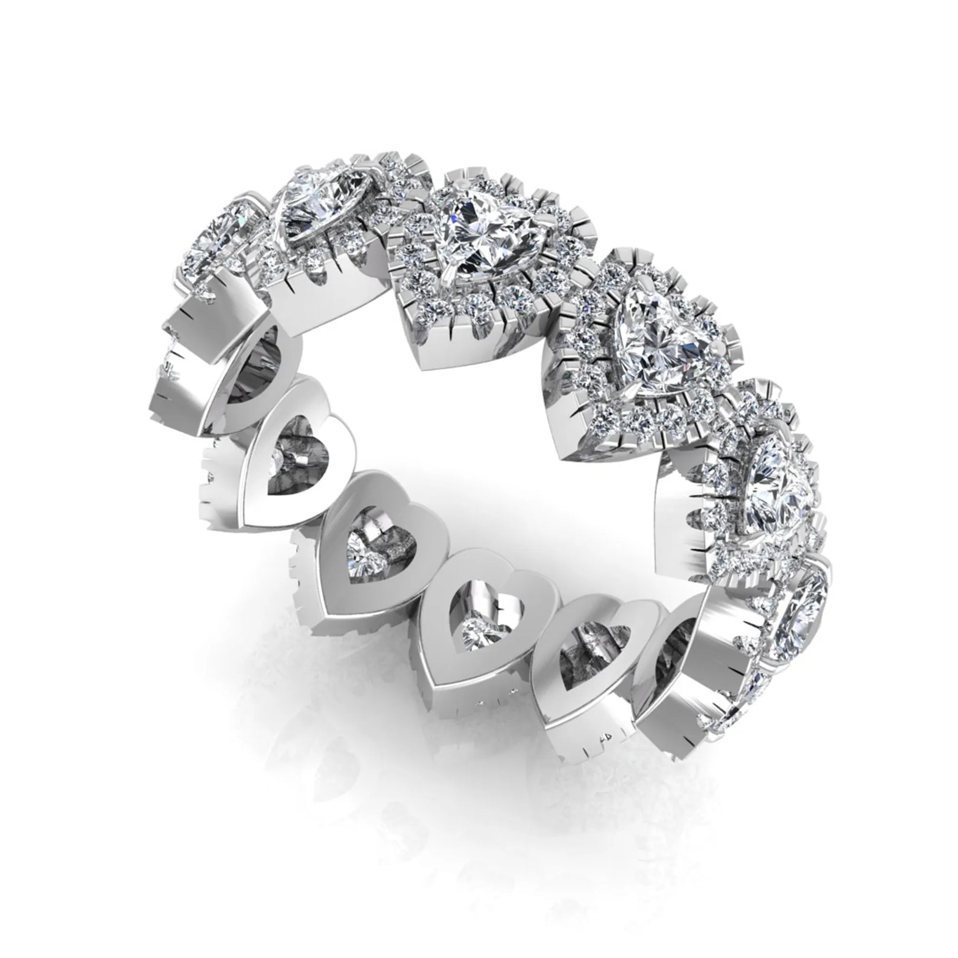 Heart halo lab grown diamond eternity band featuring heart cut diamonds surrounded by round diamond halos in a luxurious full eternity design in white gold