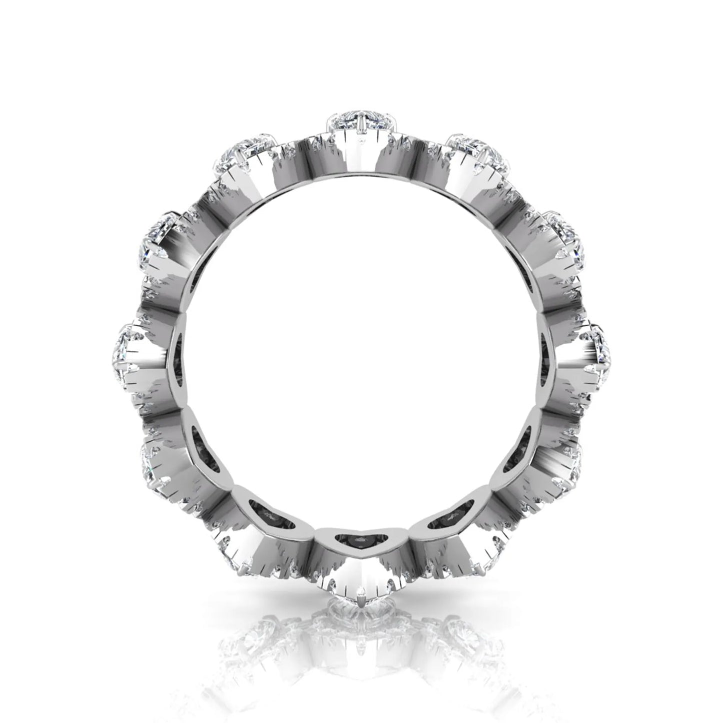 Heart halo lab grown diamond eternity band featuring heart cut diamonds surrounded by round diamond halos in a luxurious full eternity design in white gold
