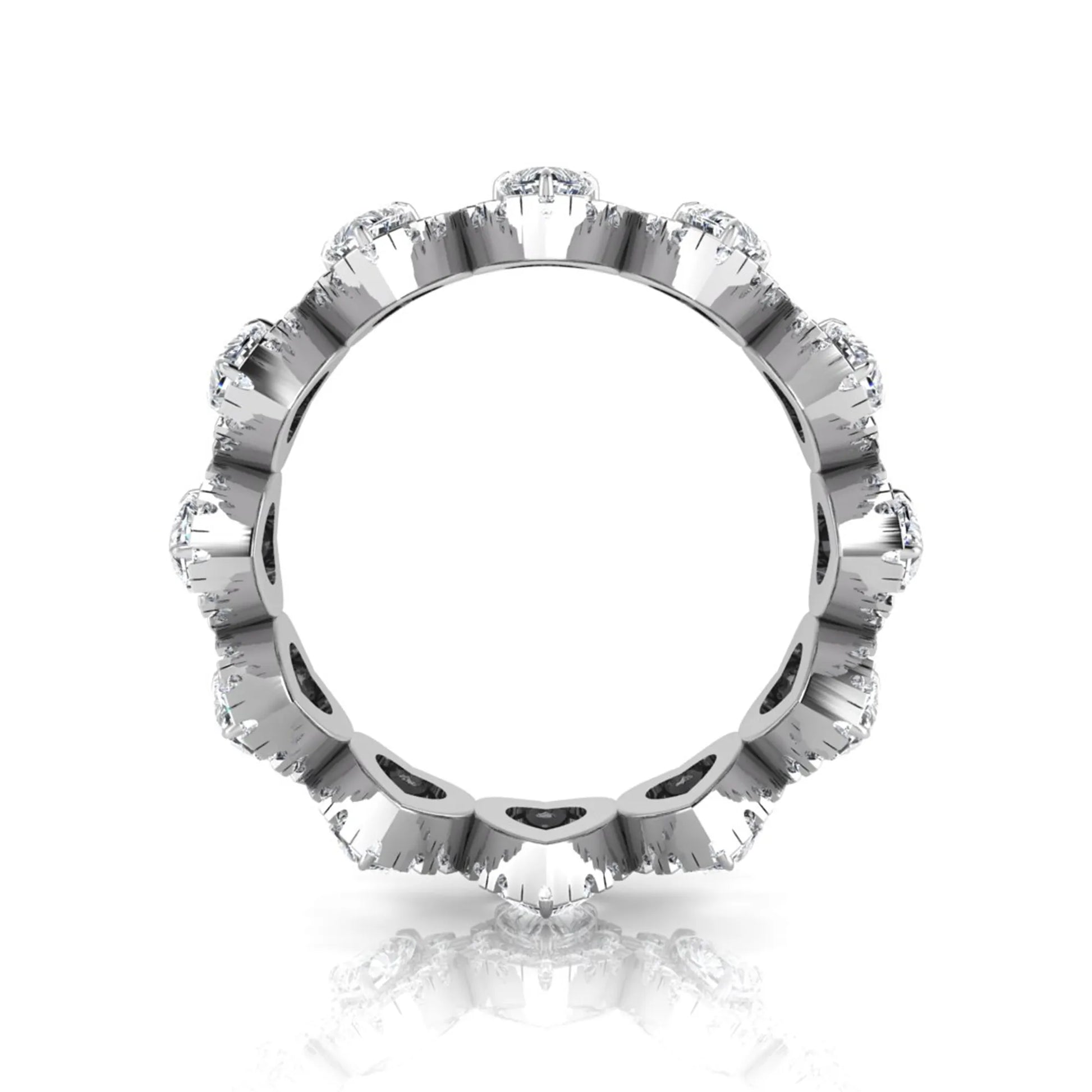 Heart halo lab grown diamond eternity band featuring heart cut diamonds surrounded by round diamond halos in a luxurious full eternity design in white gold