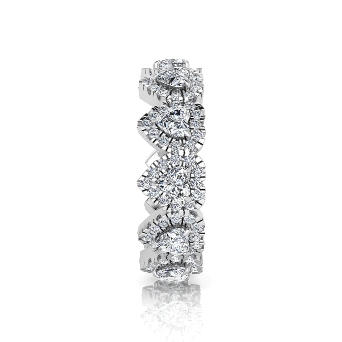 Heart halo lab grown diamond eternity band featuring heart cut diamonds surrounded by round diamond halos in a luxurious full eternity design in white gold