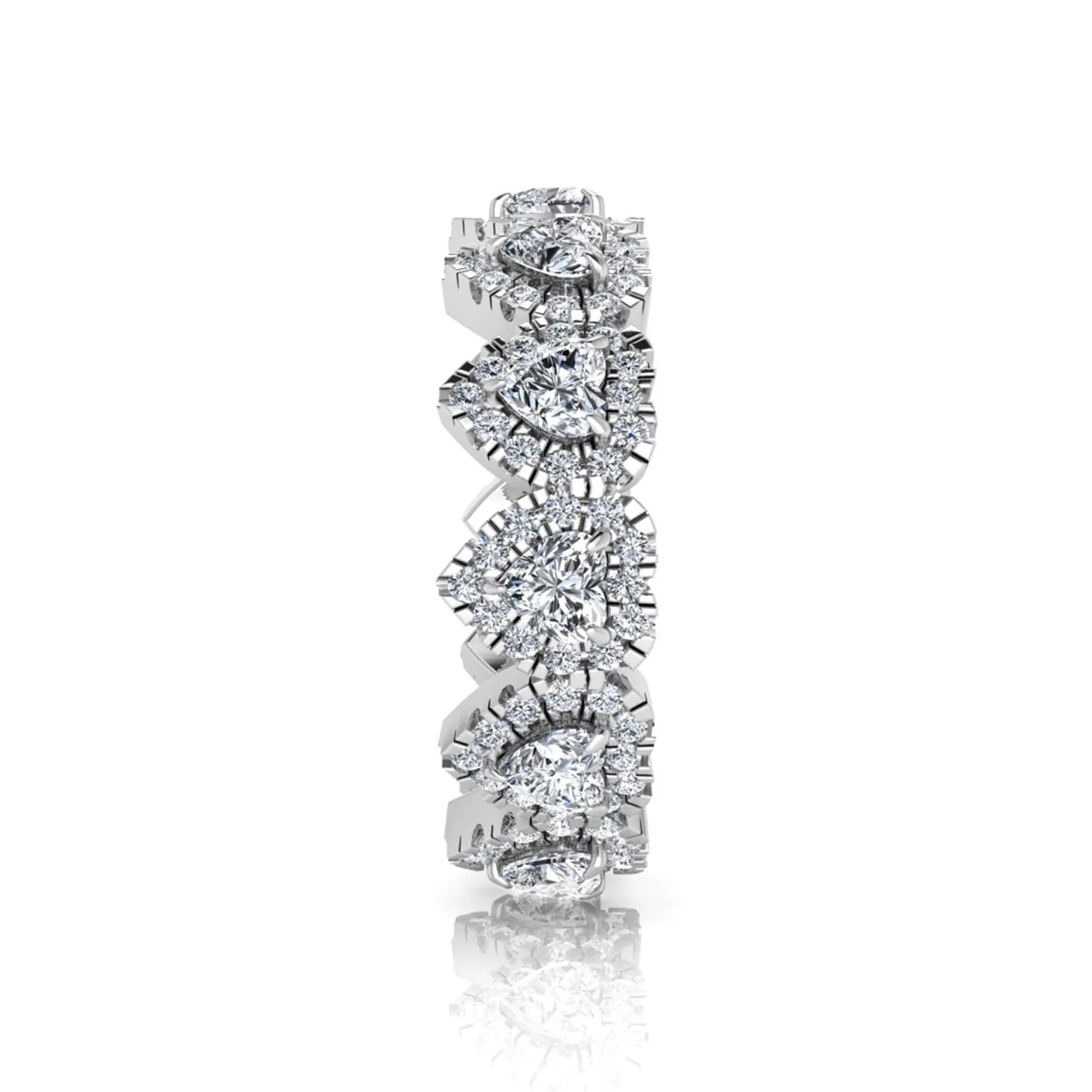 Heart halo lab grown diamond eternity band featuring heart cut diamonds surrounded by round diamond halos in a luxurious full eternity design in white gold