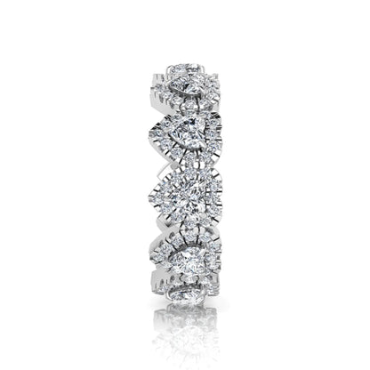 Heart halo lab grown diamond eternity band featuring heart cut diamonds surrounded by round diamond halos in a luxurious full eternity design in white gold