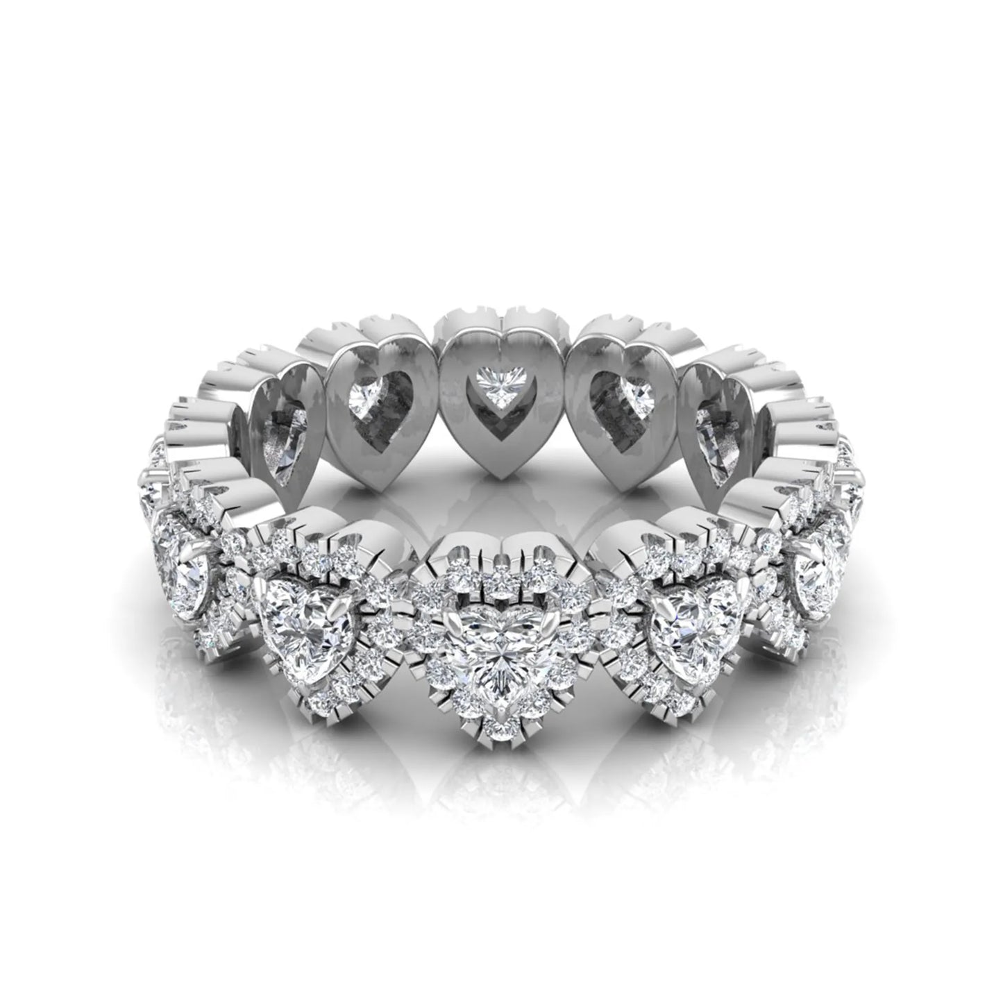 Heart halo lab grown diamond eternity band featuring heart cut diamonds surrounded by round diamond halos in a luxurious full eternity design in white gold