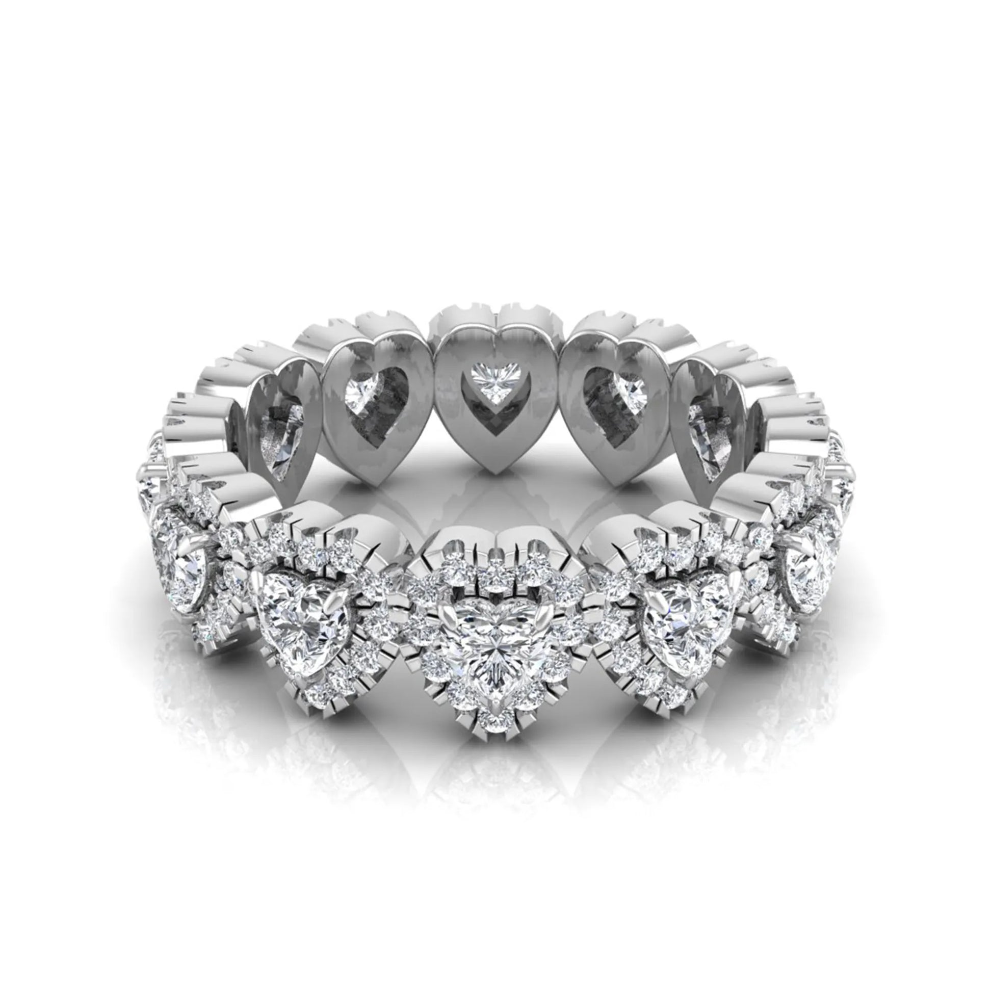 Heart halo lab grown diamond eternity band featuring heart cut diamonds surrounded by round diamond halos in a luxurious full eternity design in white gold