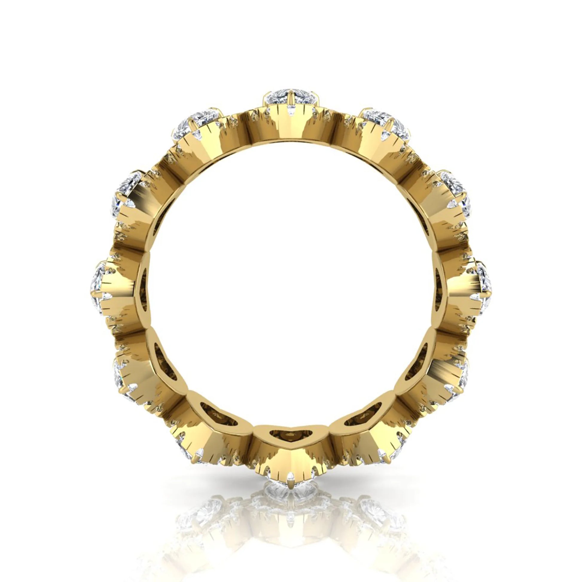 Heart halo lab grown diamond eternity band featuring heart cut diamonds surrounded by round diamond halos in a luxurious full eternity design in yellow gold