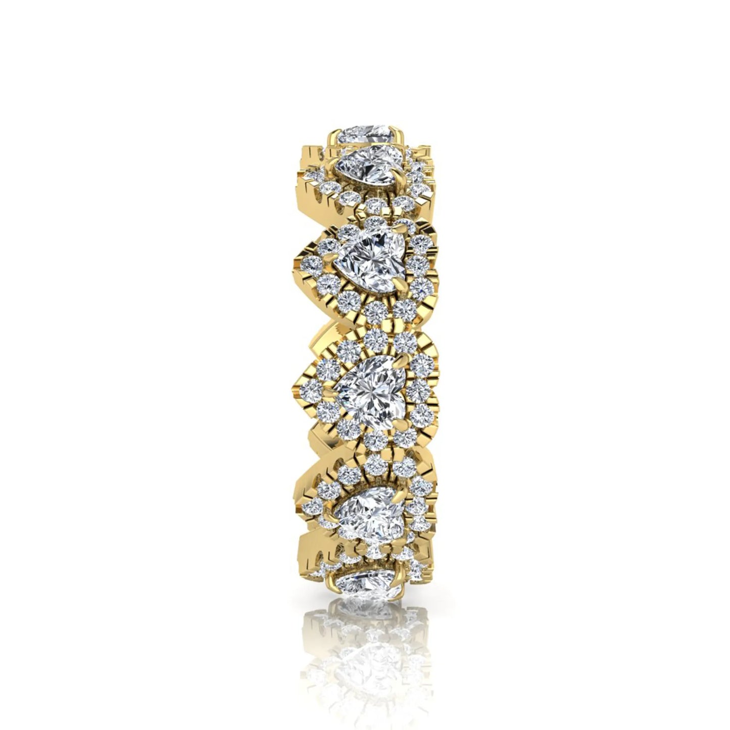 Heart halo lab grown diamond eternity band featuring heart cut diamonds surrounded by round diamond halos in a luxurious full eternity design in yellow gold