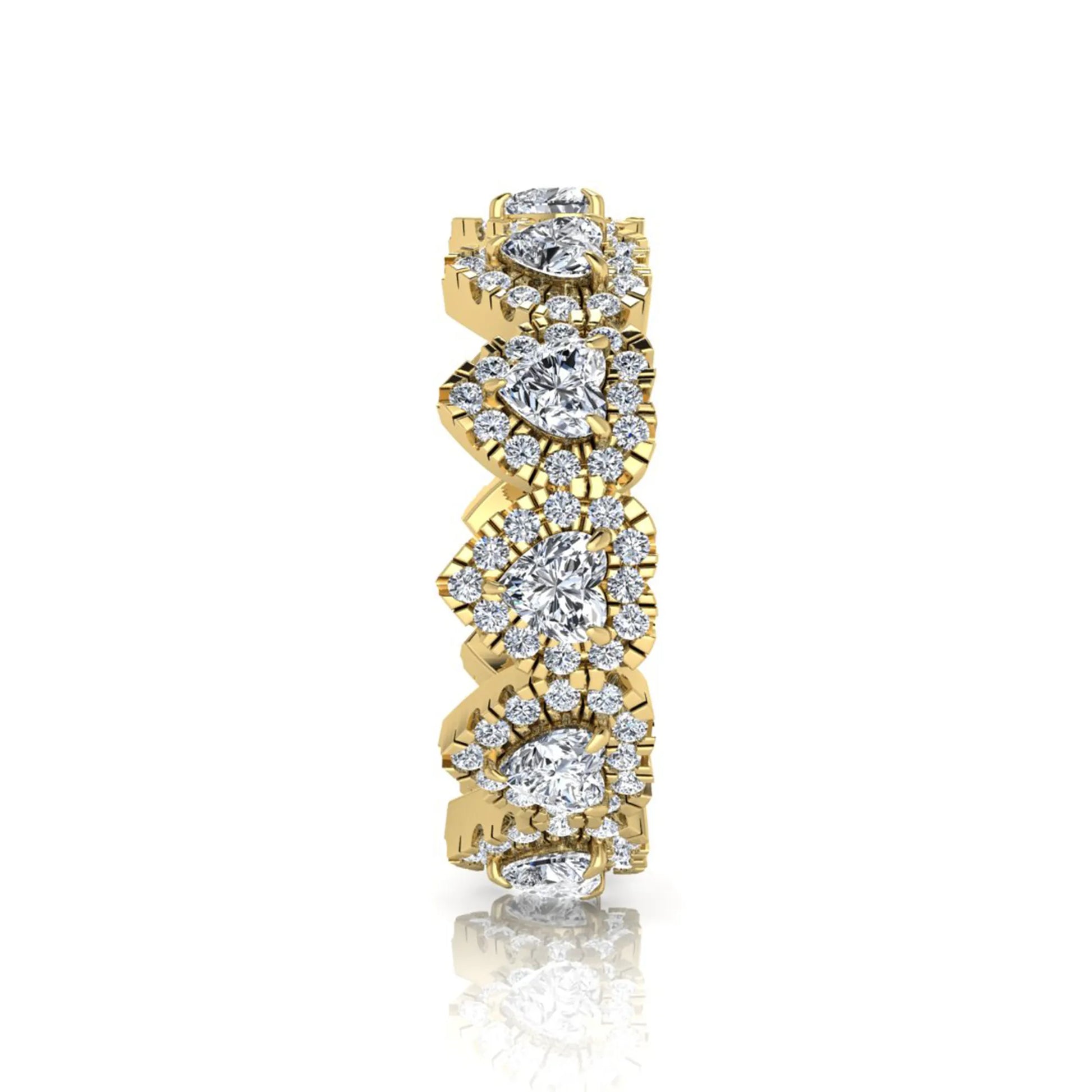 Heart halo lab grown diamond eternity band featuring heart cut diamonds surrounded by round diamond halos in a luxurious full eternity design in yellow gold