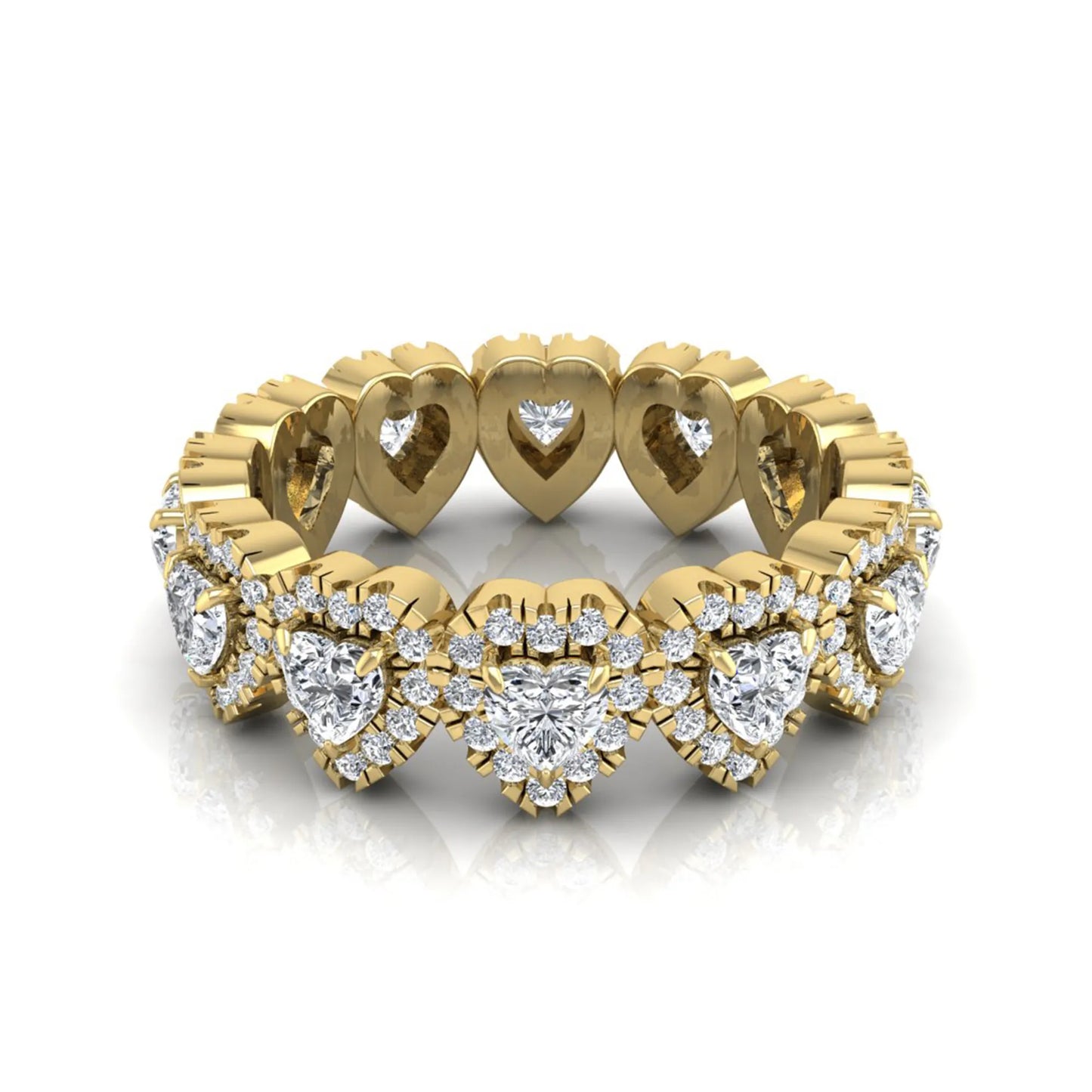 Heart halo lab grown diamond eternity band featuring heart cut diamonds surrounded by round diamond halos in a luxurious full eternity design in yellow gold
