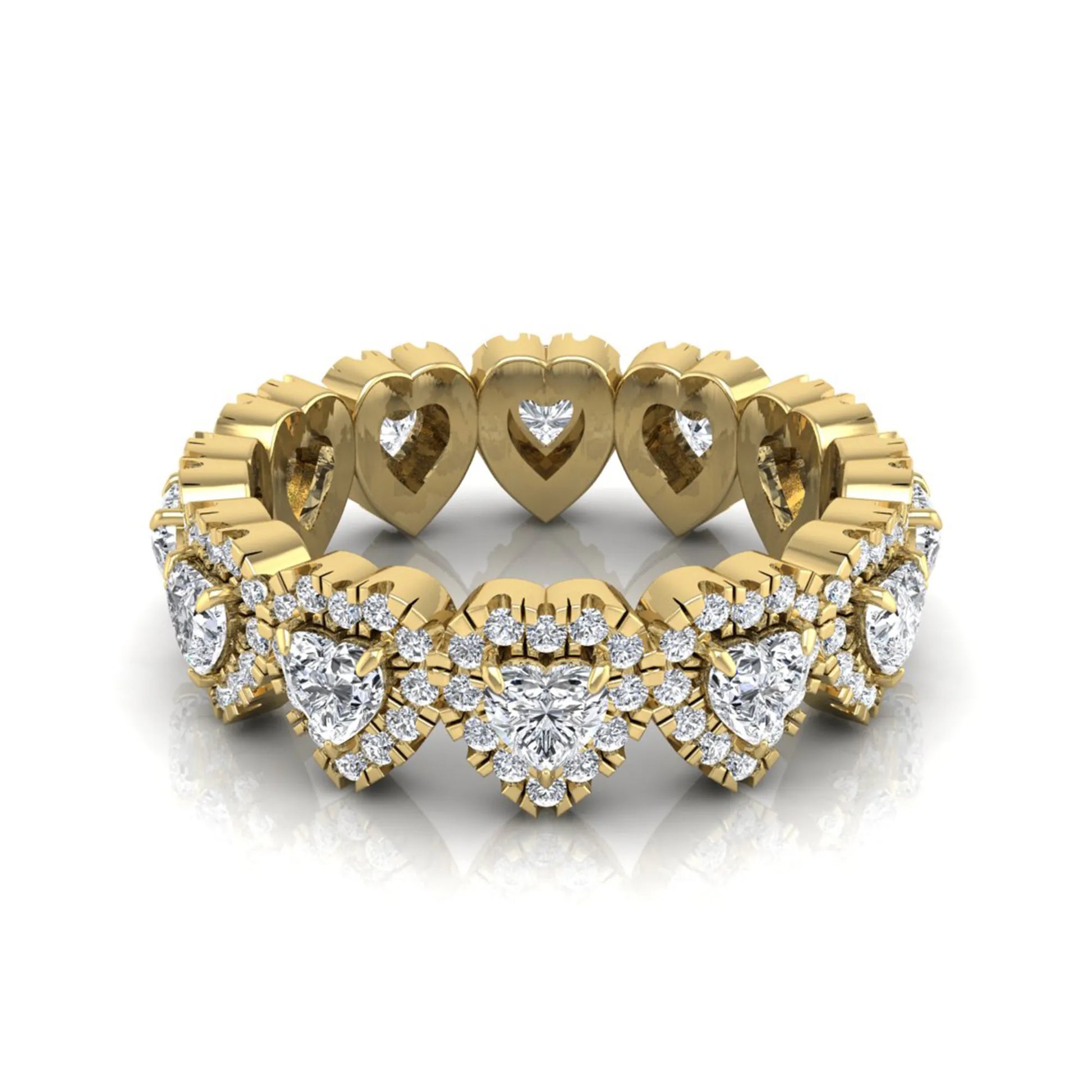 Heart halo lab grown diamond eternity band featuring heart cut diamonds surrounded by round diamond halos in a luxurious full eternity design in yellow gold