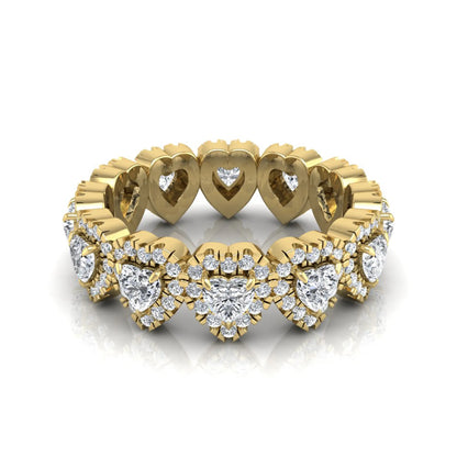 Heart halo lab grown diamond eternity band featuring heart cut diamonds surrounded by round diamond halos in a luxurious full eternity design in yellow gold