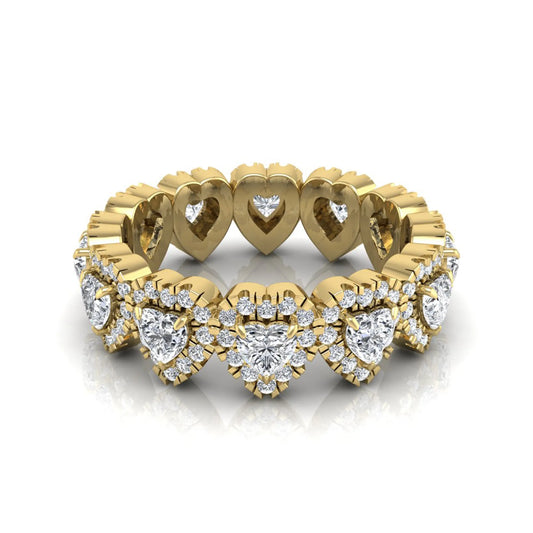 Heart halo lab grown diamond eternity band featuring heart cut diamonds surrounded by round diamond halos in a luxurious full eternity design in yellow gold