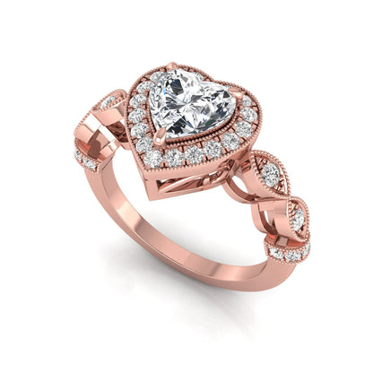 Heart cut halo lab grown diamond engagement ring with round diamond halo, infinity-inspired band, and Rose gold metal tone.