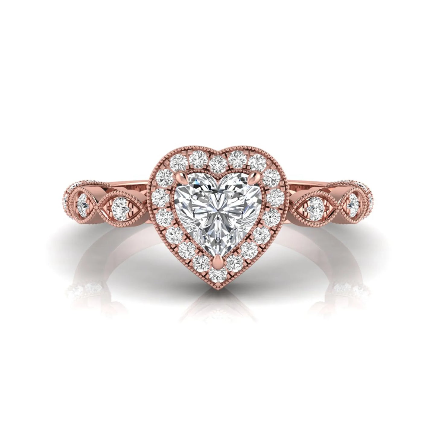 Heart cut halo lab grown diamond engagement ring with round diamond halo, infinity-inspired band, and Rose gold metal tone.
