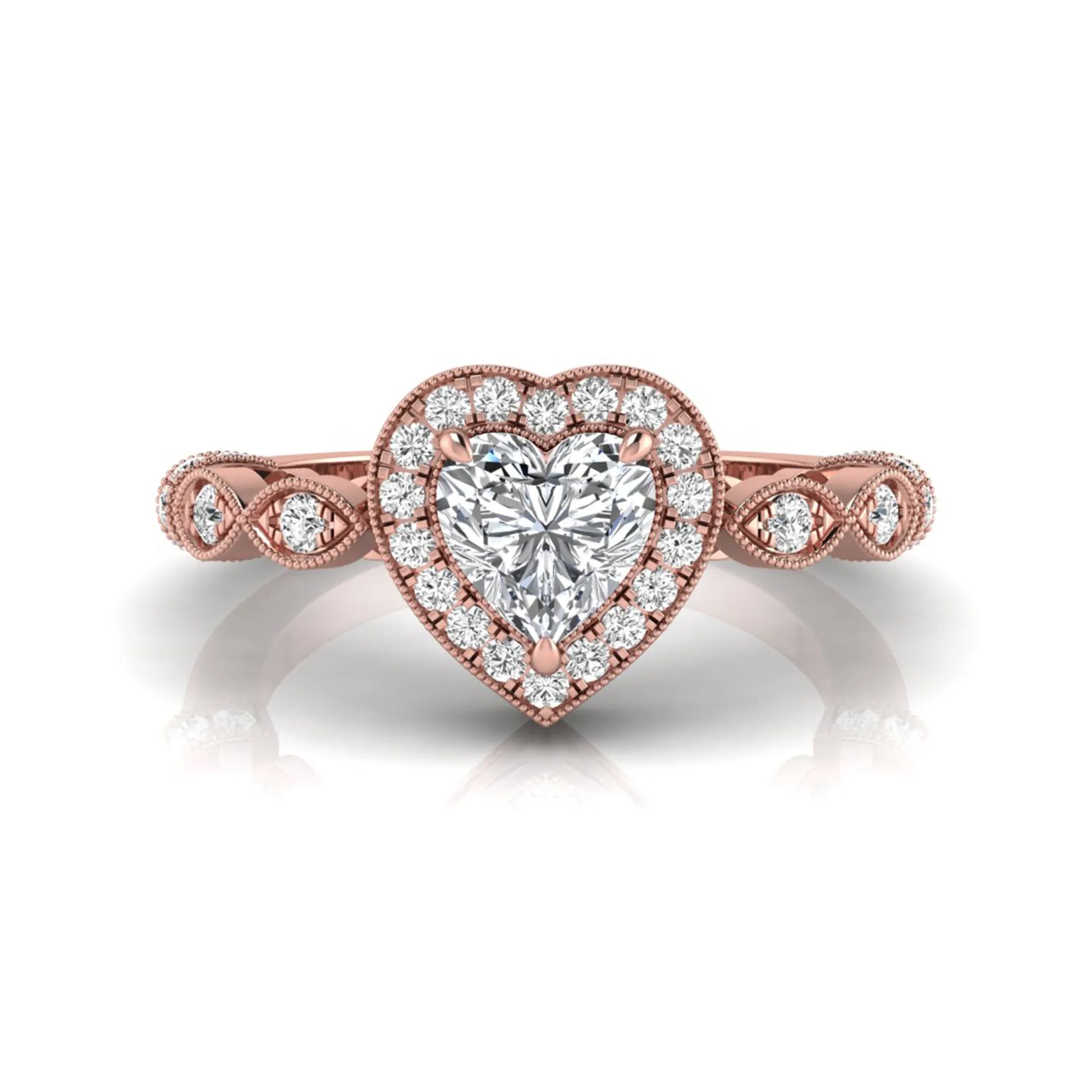 Heart cut halo lab grown diamond engagement ring with round diamond halo, infinity-inspired band, and Rose gold metal tone.
