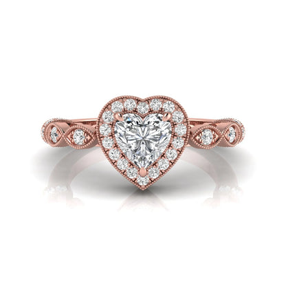 Heart cut halo lab grown diamond engagement ring with round diamond halo, infinity-inspired band, and Rose gold metal tone.