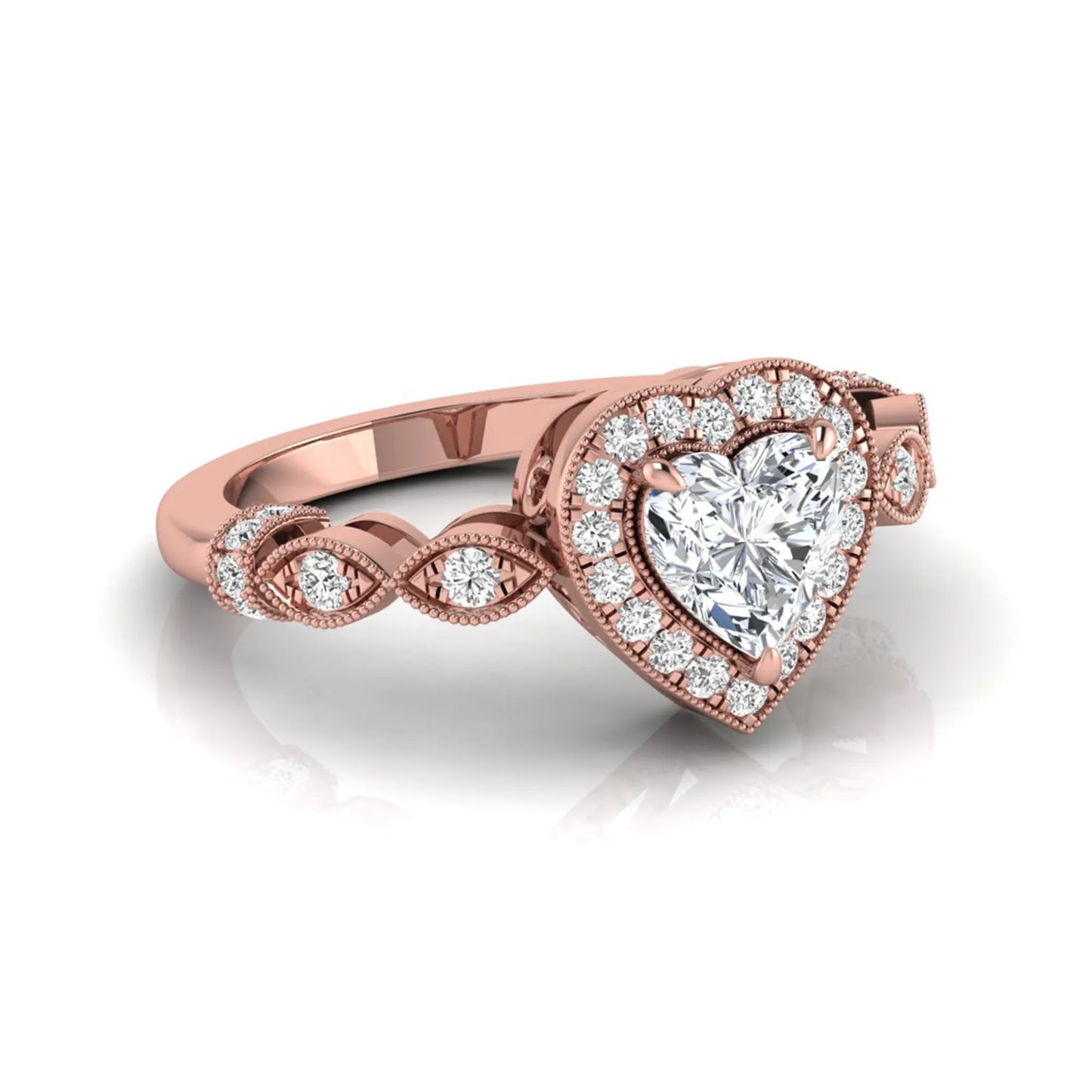 Heart cut halo lab grown diamond engagement ring with round diamond halo, infinity-inspired band, and Rose gold metal tone.