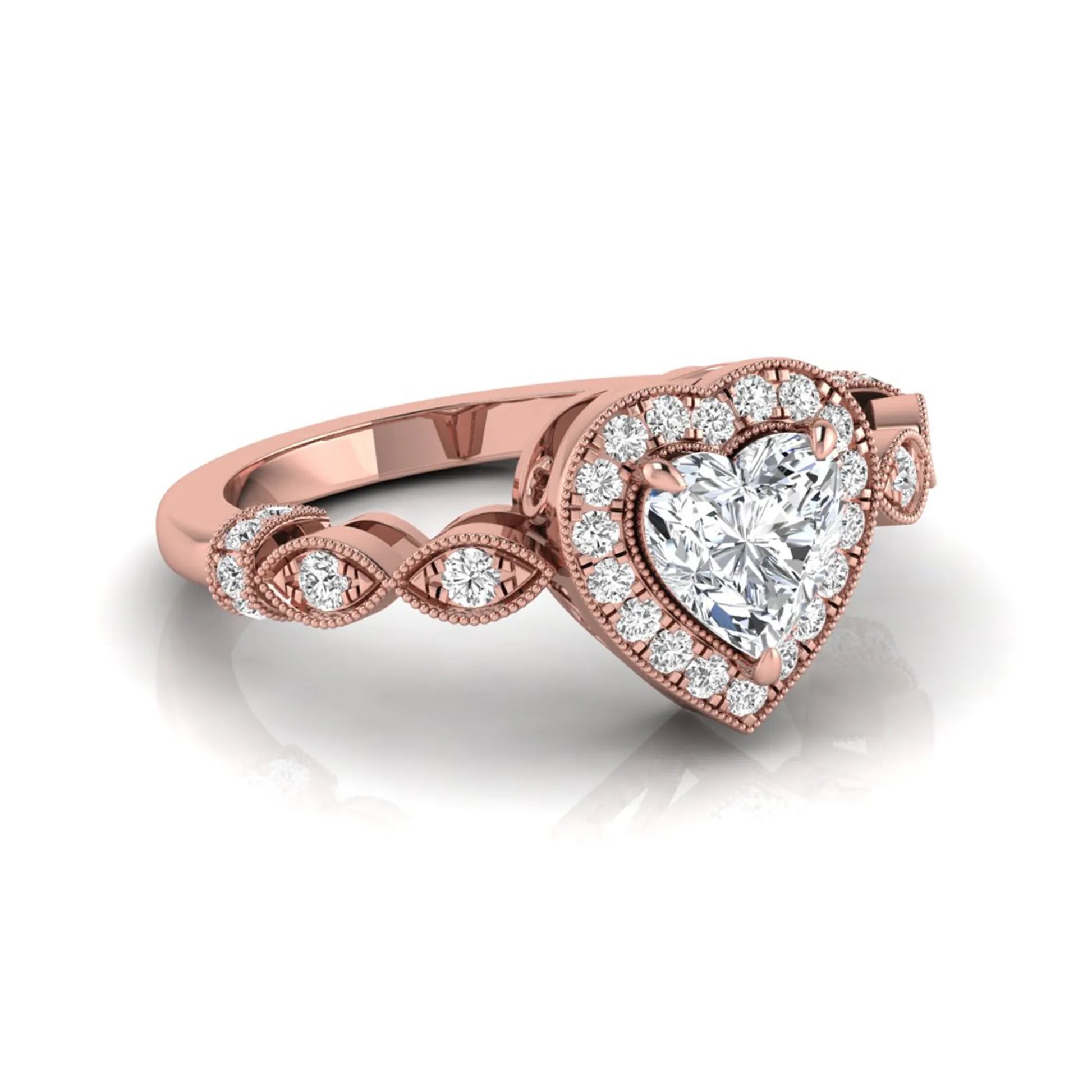 Heart cut halo lab grown diamond engagement ring with round diamond halo, infinity-inspired band, and Rose gold metal tone.