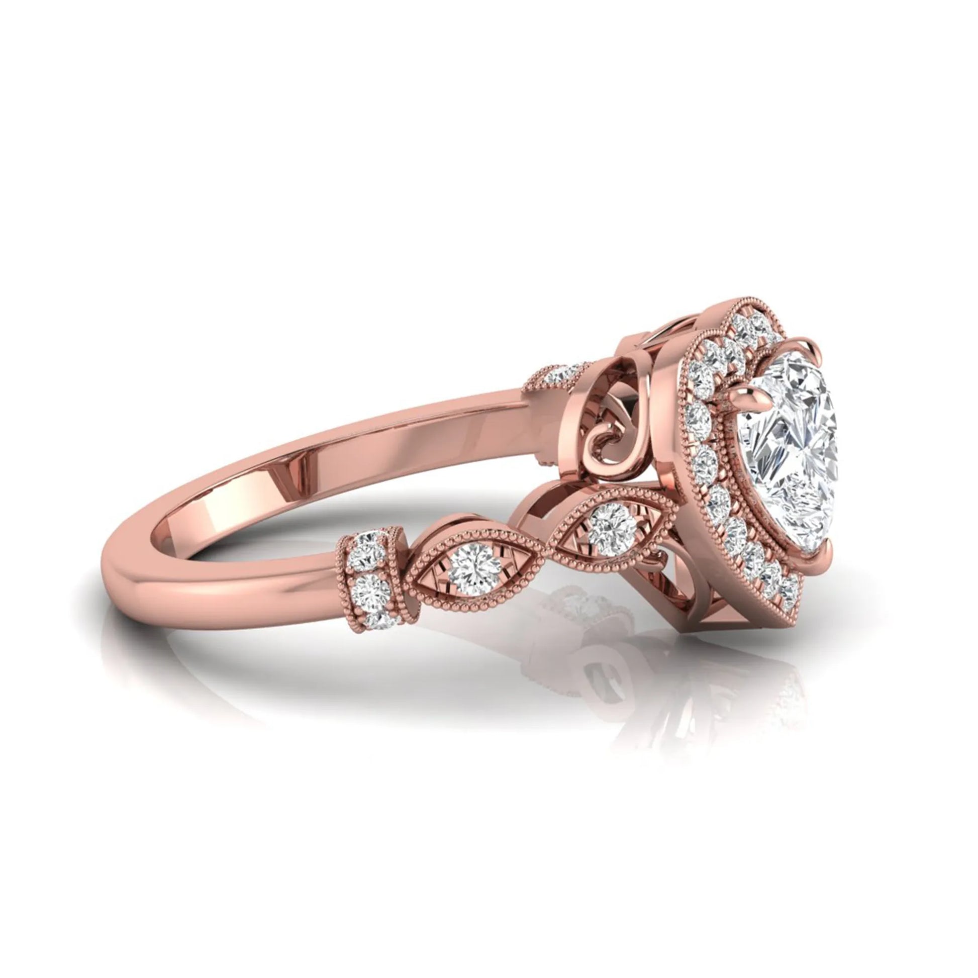 Heart cut halo lab grown diamond engagement ring with round diamond halo, infinity-inspired band, and Rose gold metal tone.