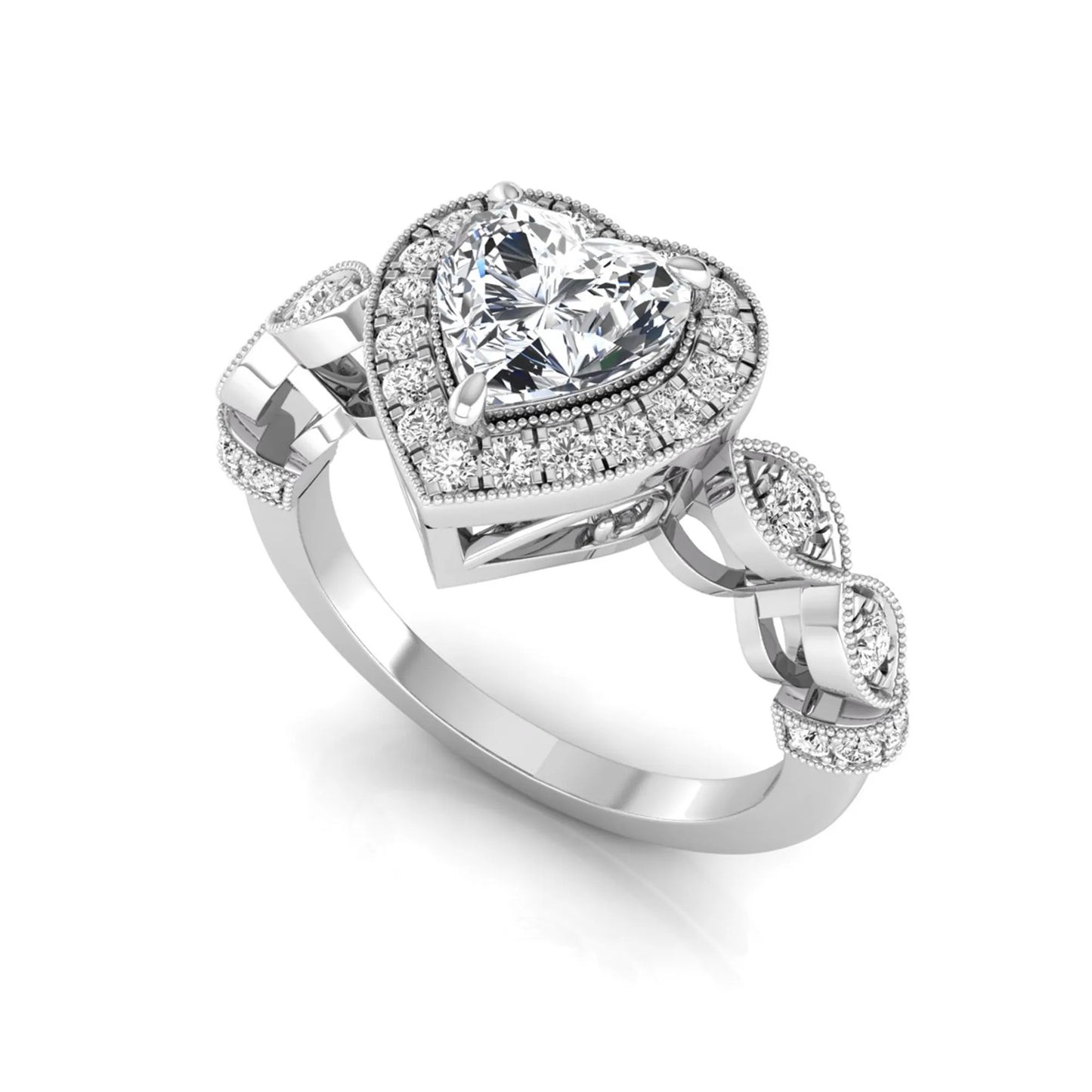 Heart cut halo lab grown diamond engagement ring with round diamond halo, infinity-inspired band, and white gold metal tone.