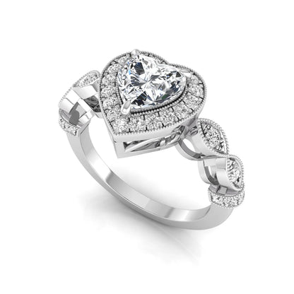 Heart cut halo lab grown diamond engagement ring with round diamond halo, infinity-inspired band, and white gold metal tone.